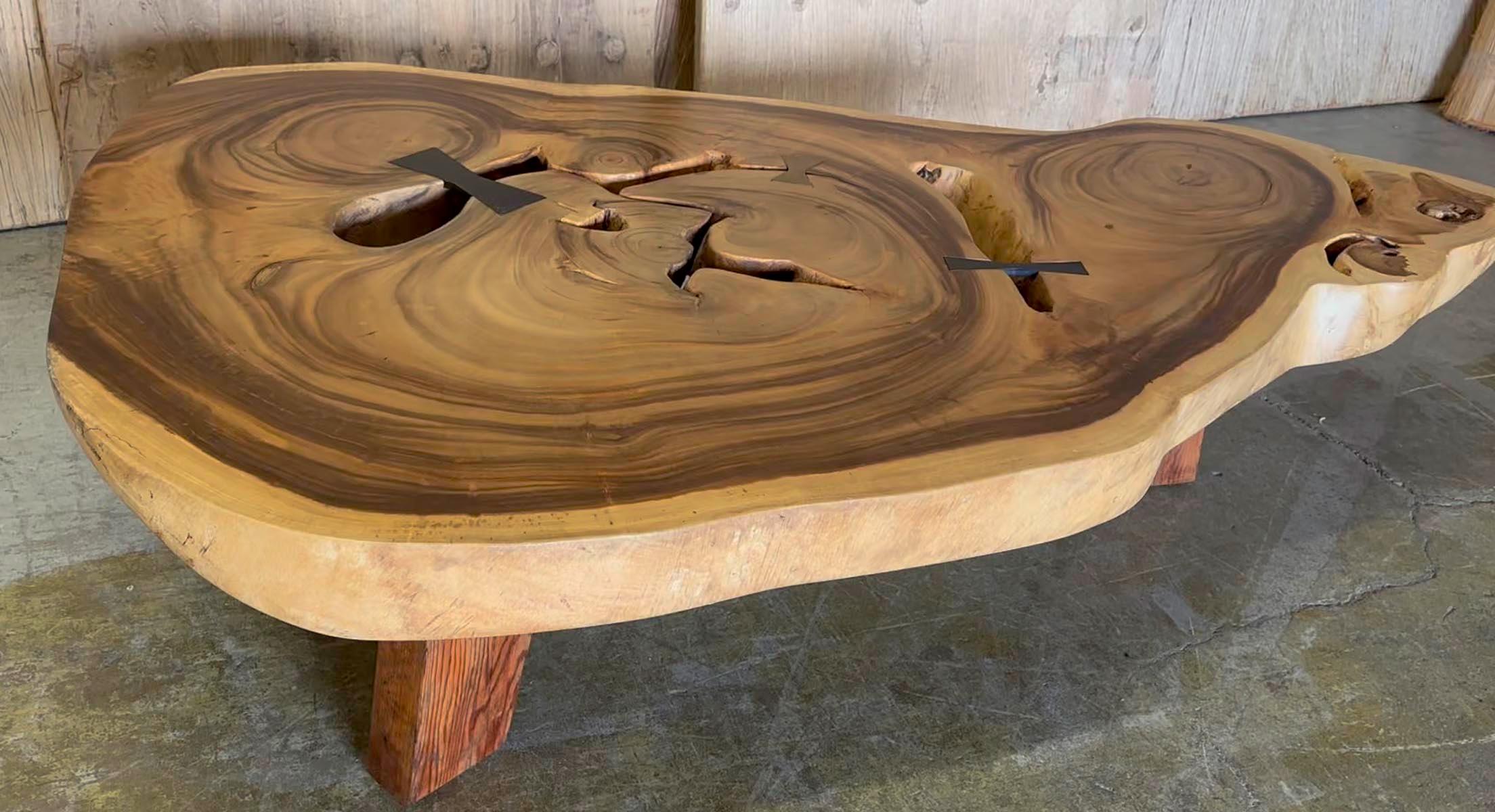 Contemporary Free Form Albezia Wood Slab Coffee Table For Sale