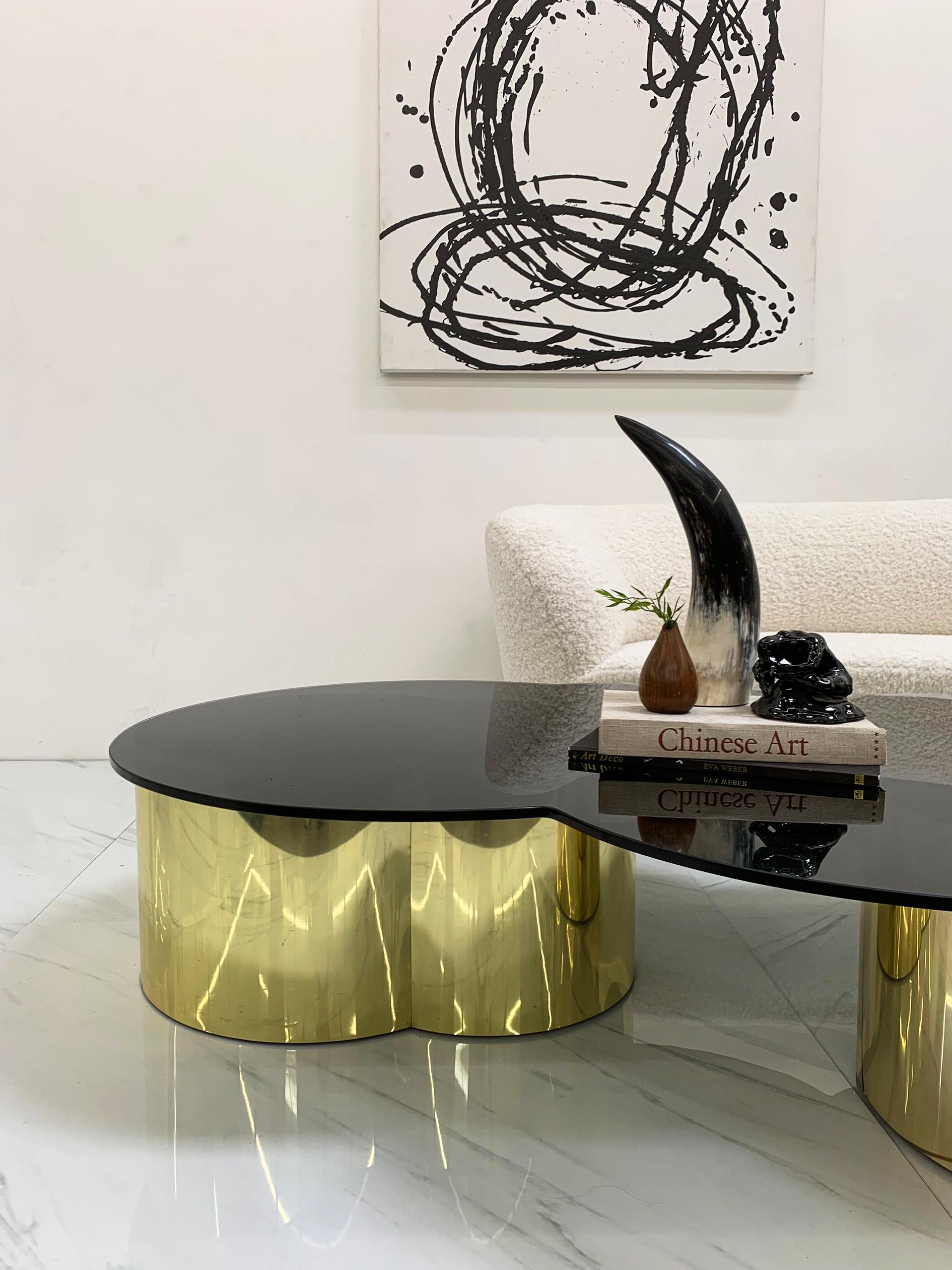 This coffee table is absolutely gorgeous. Consisting of two circular bases, clad in brass with a free form / biomorphic black tinted glass top, this coffee table is jaw droppingly gorgeous. 

The free form glass top floats like a cloud on top of