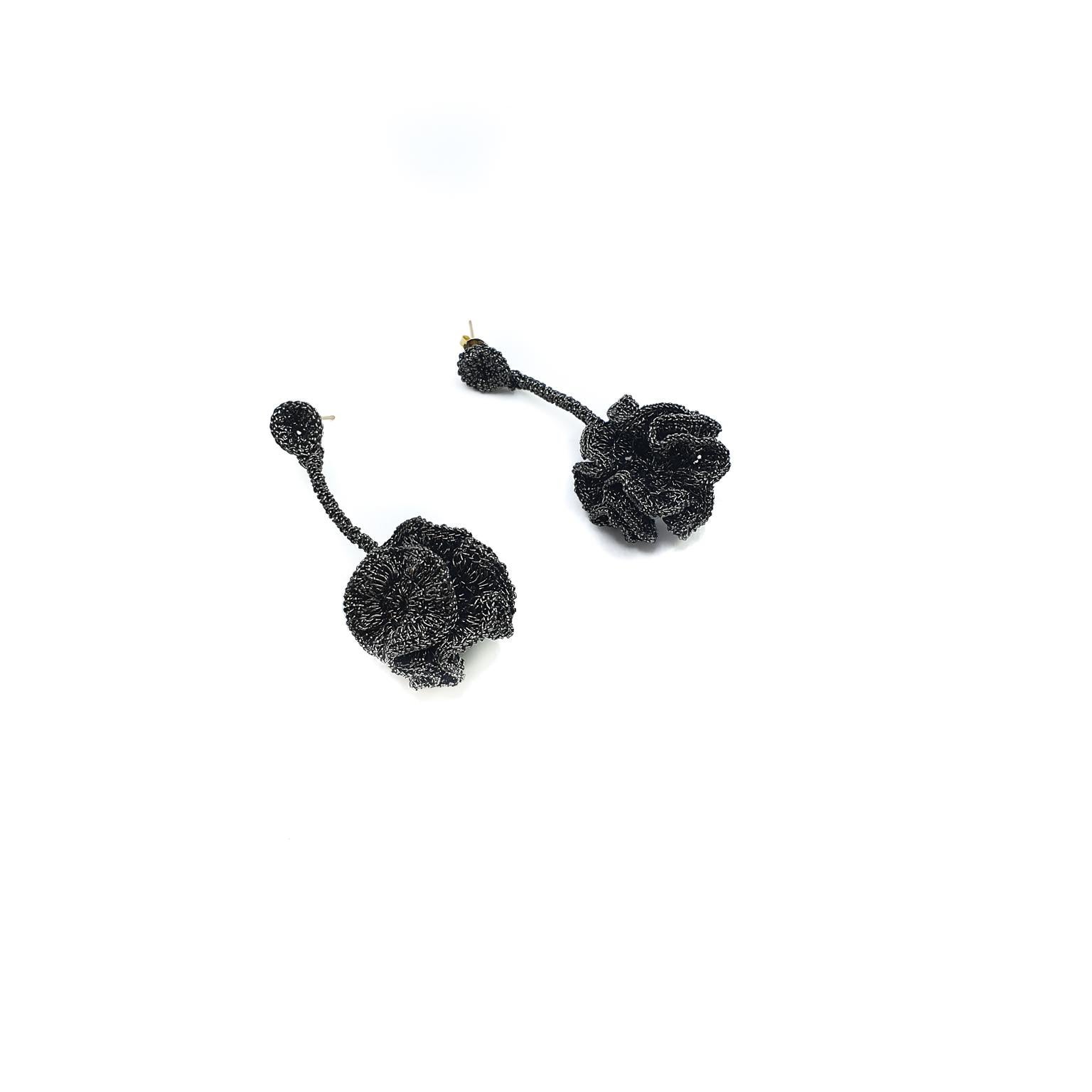 These are beautiful free form black thread coral crochet earrings.

The earrings can be custom made.

The earrings are  crochet with a smooth passing thread. It is a cotton thread coated with a black color polymer. It has no metal content. The