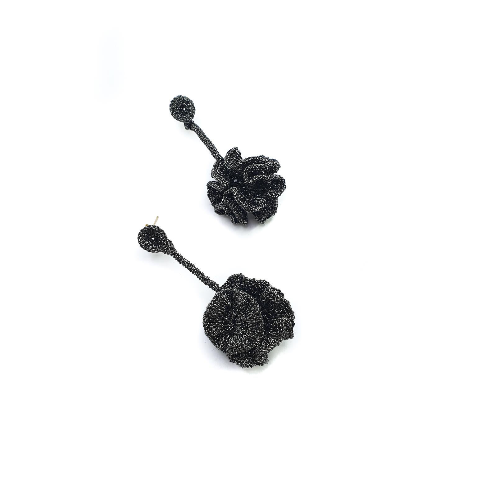Art Nouveau Black Thread Flower Young Hip Art Jewelry Fashion Contemporary Earrings Modern For Sale