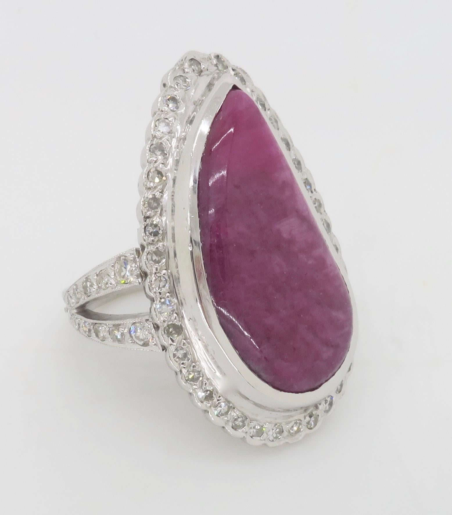 Freeform Corundum Ruby & Diamond Halo Cocktail Ring For Sale 7