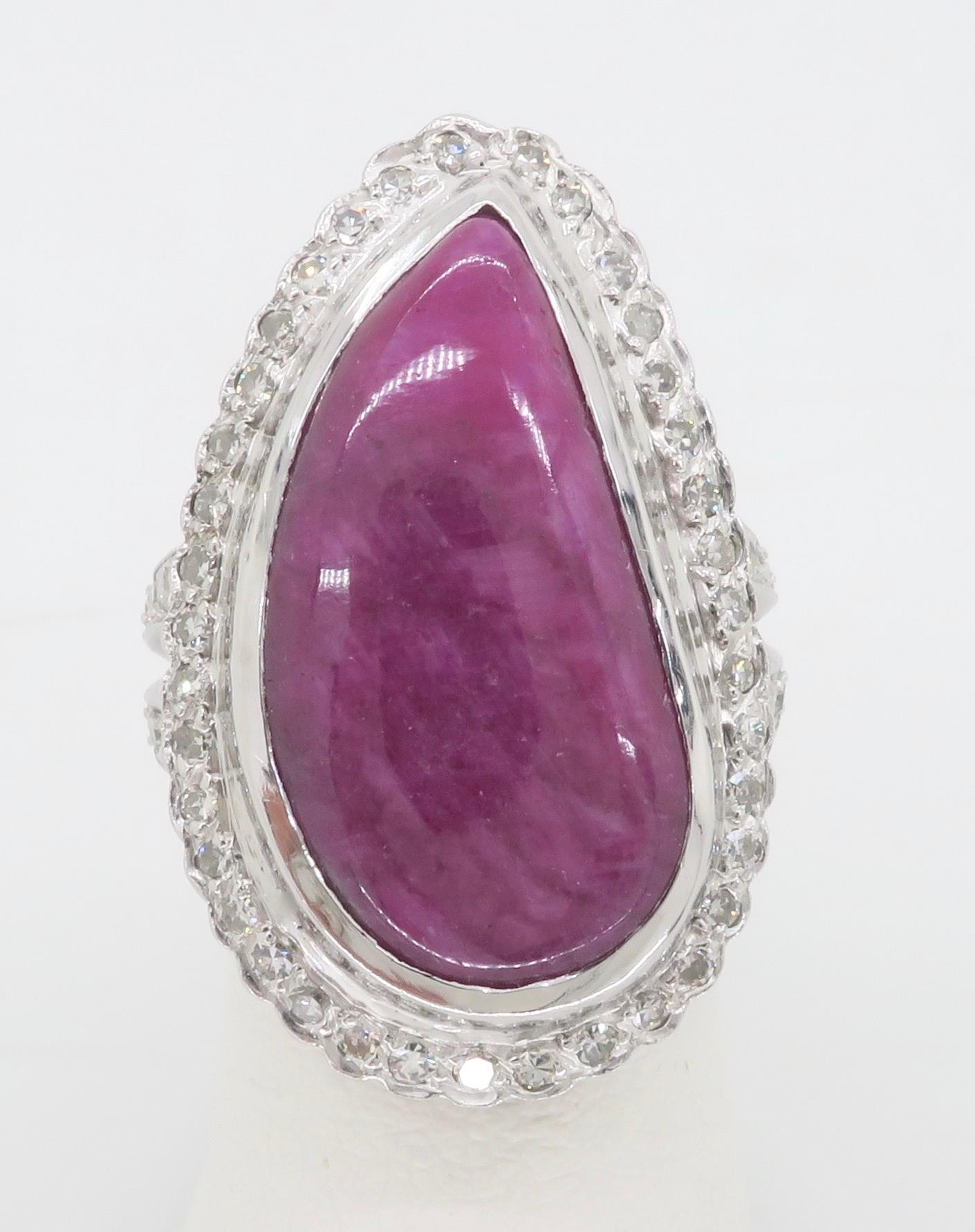 Round Cut Freeform Corundum Ruby & Diamond Halo Cocktail Ring For Sale