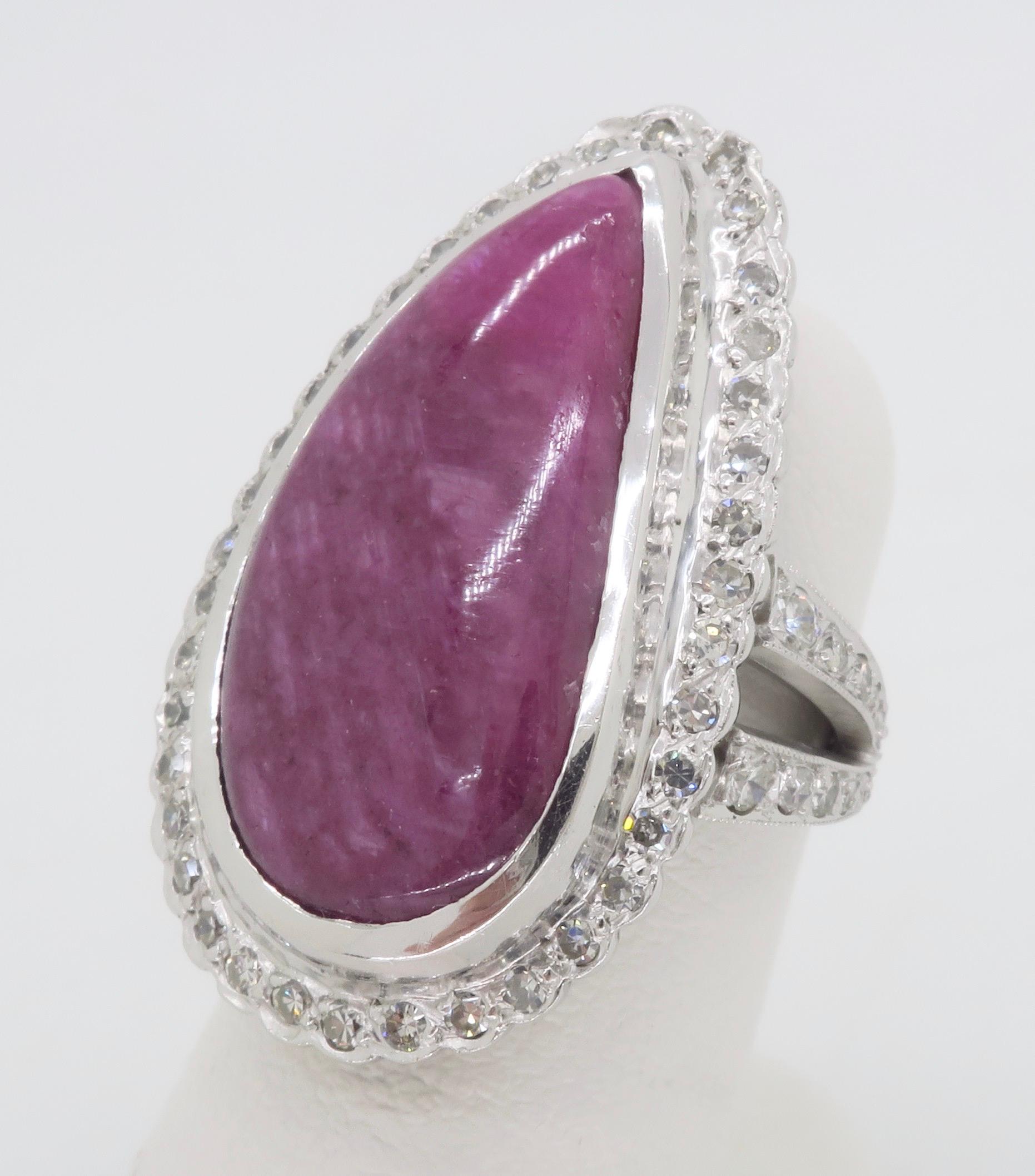 Freeform Corundum Ruby & Diamond Halo Cocktail Ring In Excellent Condition For Sale In Webster, NY