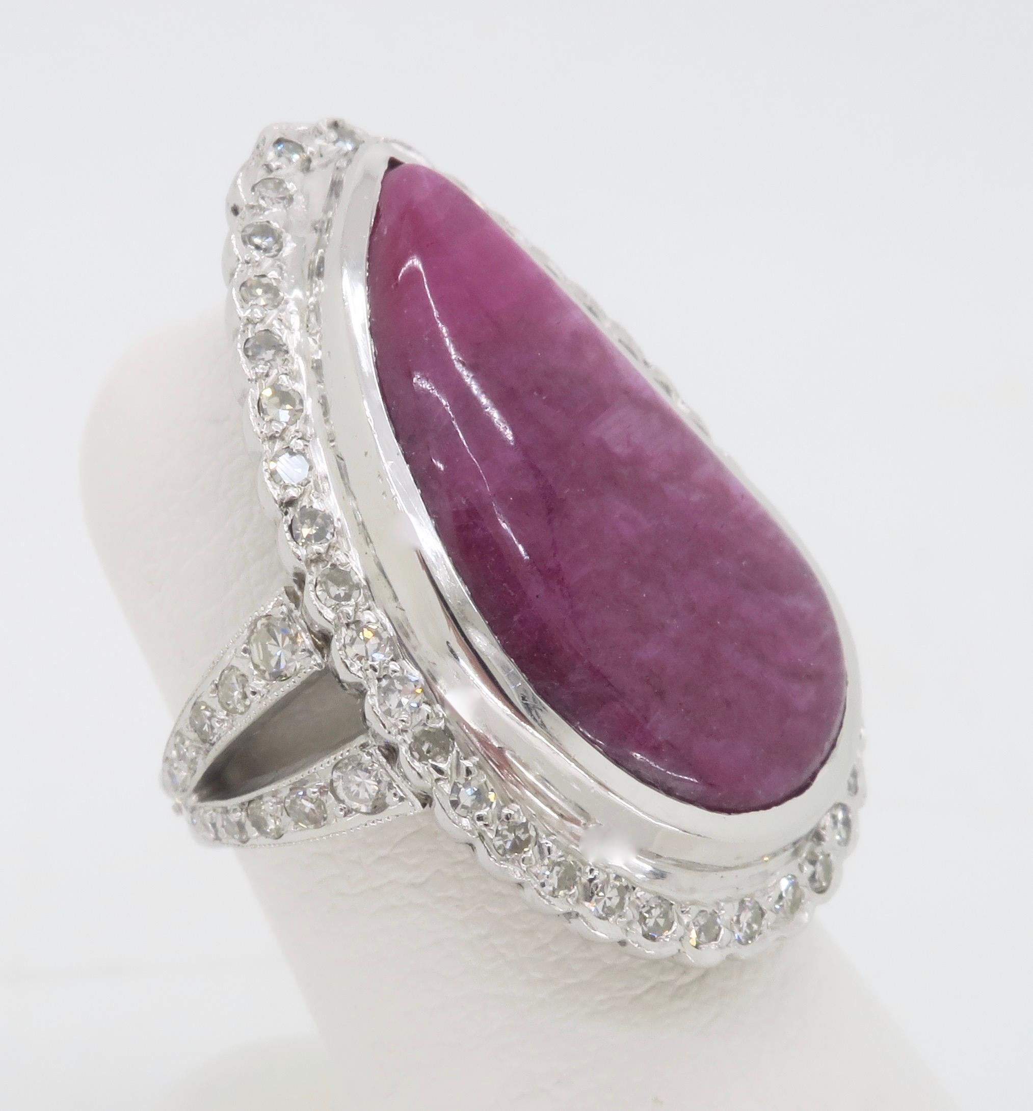 Women's or Men's Freeform Corundum Ruby & Diamond Halo Cocktail Ring For Sale