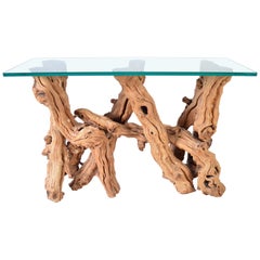 Free-Form Cypress Root Driftwood Glass Top Console Table