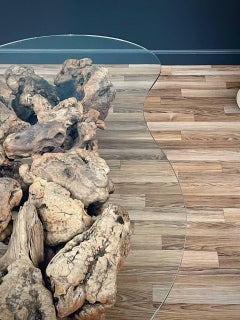 Free Form Drift Wood Coffee Table with Glass Top