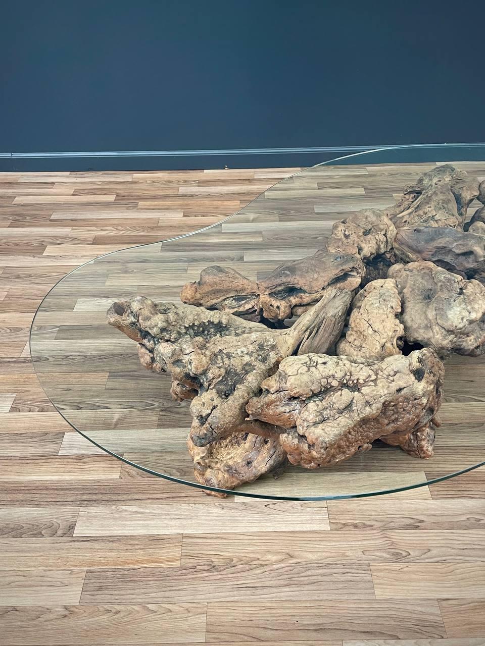 Free Form Drift Wood Coffee Table with Glass Top In Good Condition In Los Angeles, CA