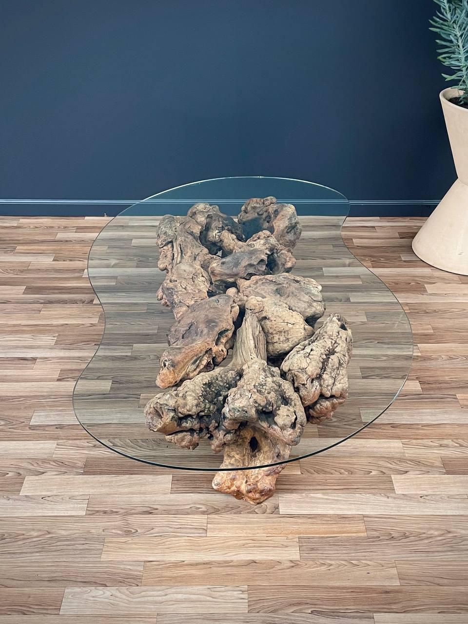 Free Form Drift Wood Coffee Table with Glass Top For Sale 1
