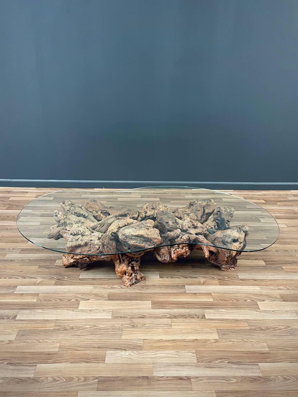 Free Form Drift Wood Coffee Table with Glass Top For Sale 2