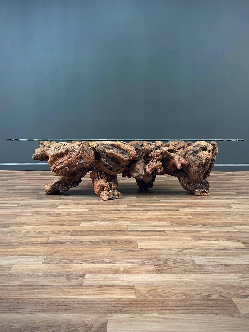 Free Form Drift Wood Coffee Table with Glass Top For Sale 3