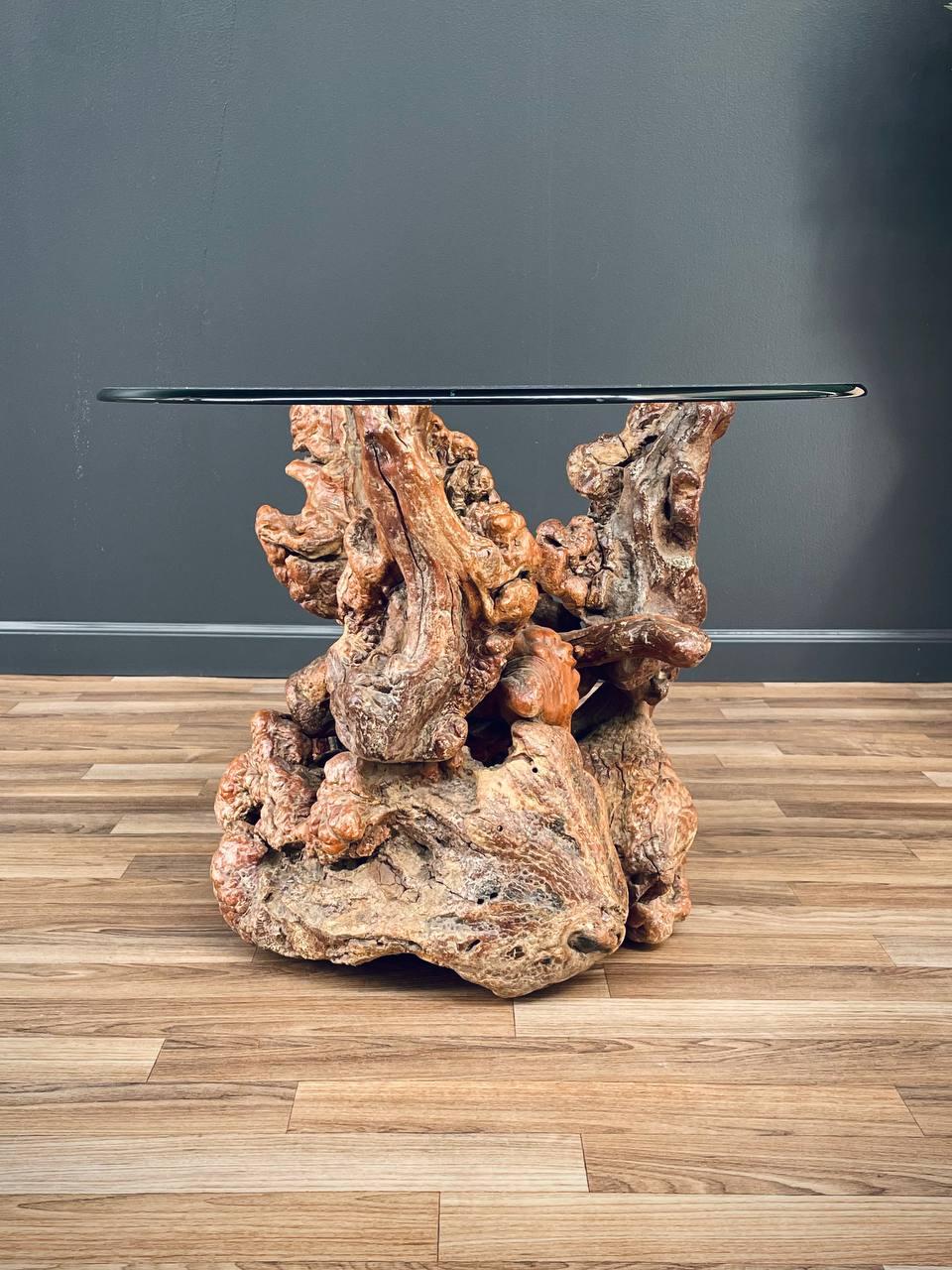 American Free Form Drift Wood Side Table with Glass Top