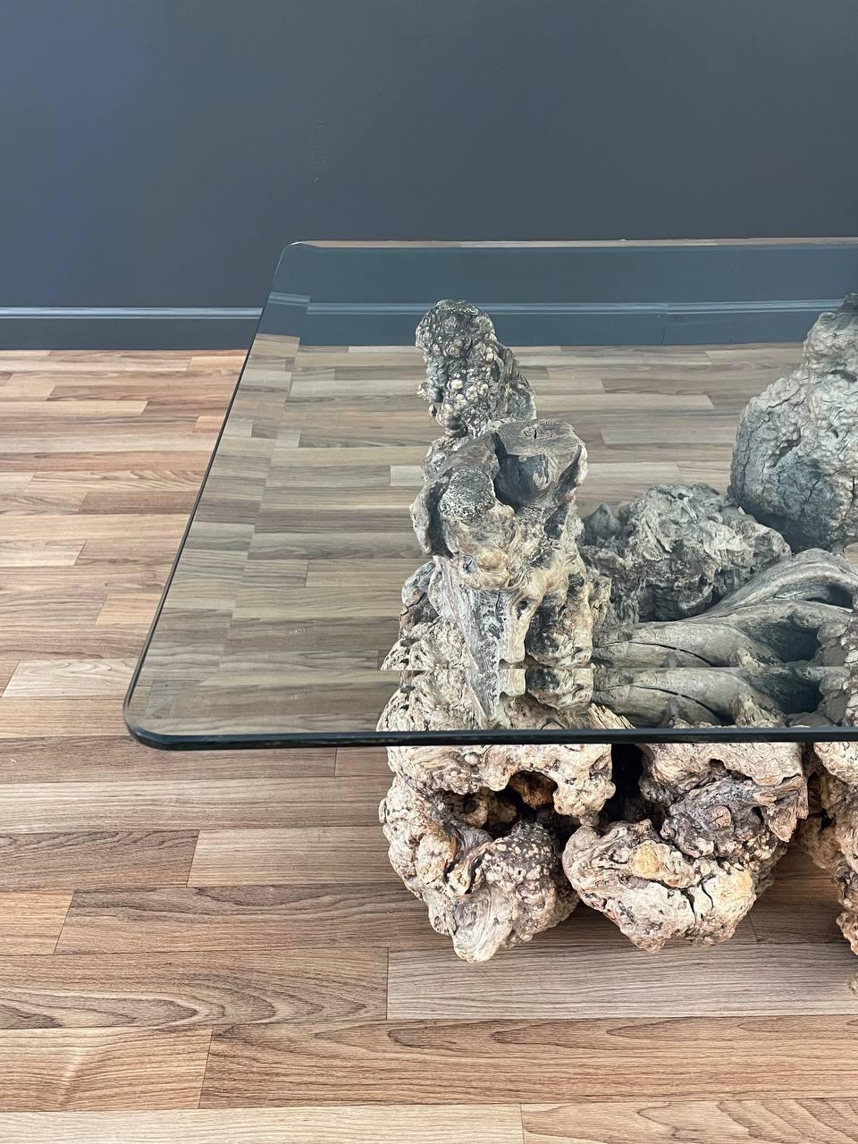 Free Form Drift Wood Side Table with Glass Top In Good Condition For Sale In Los Angeles, CA