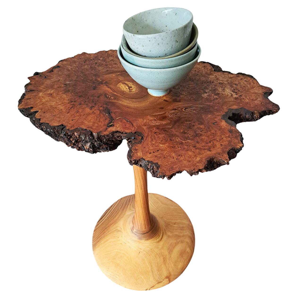 Handcrafted Freeform Live Edge Solid Burl Elm side/ end Table. A beautifully handcrafted piece by designer John Alfredo Harris. British designer. Elm burl Organic shape top with a turned elm wood base. One off! 