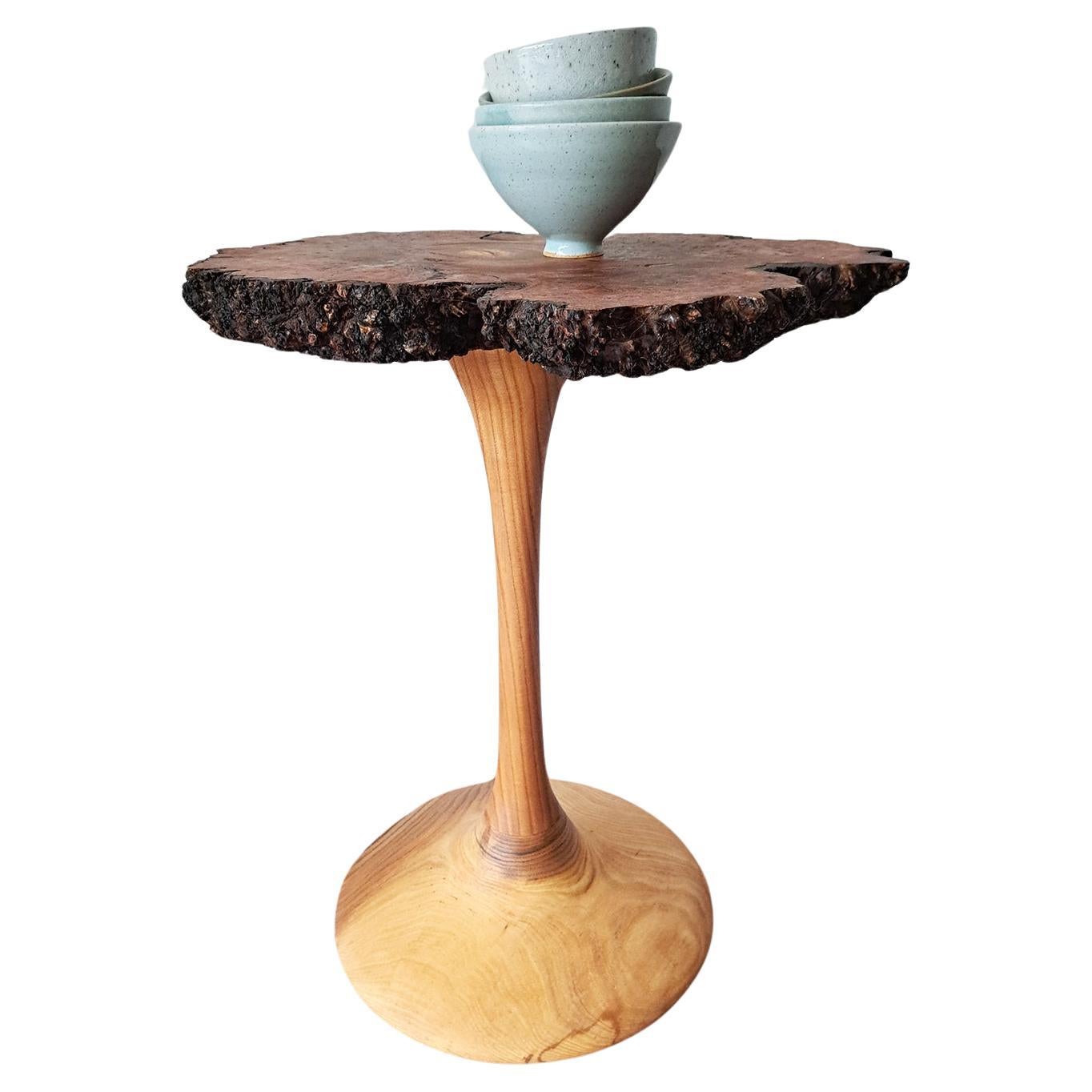 Hand-Crafted Free-Form Elm burl wood Side / End Table For Sale