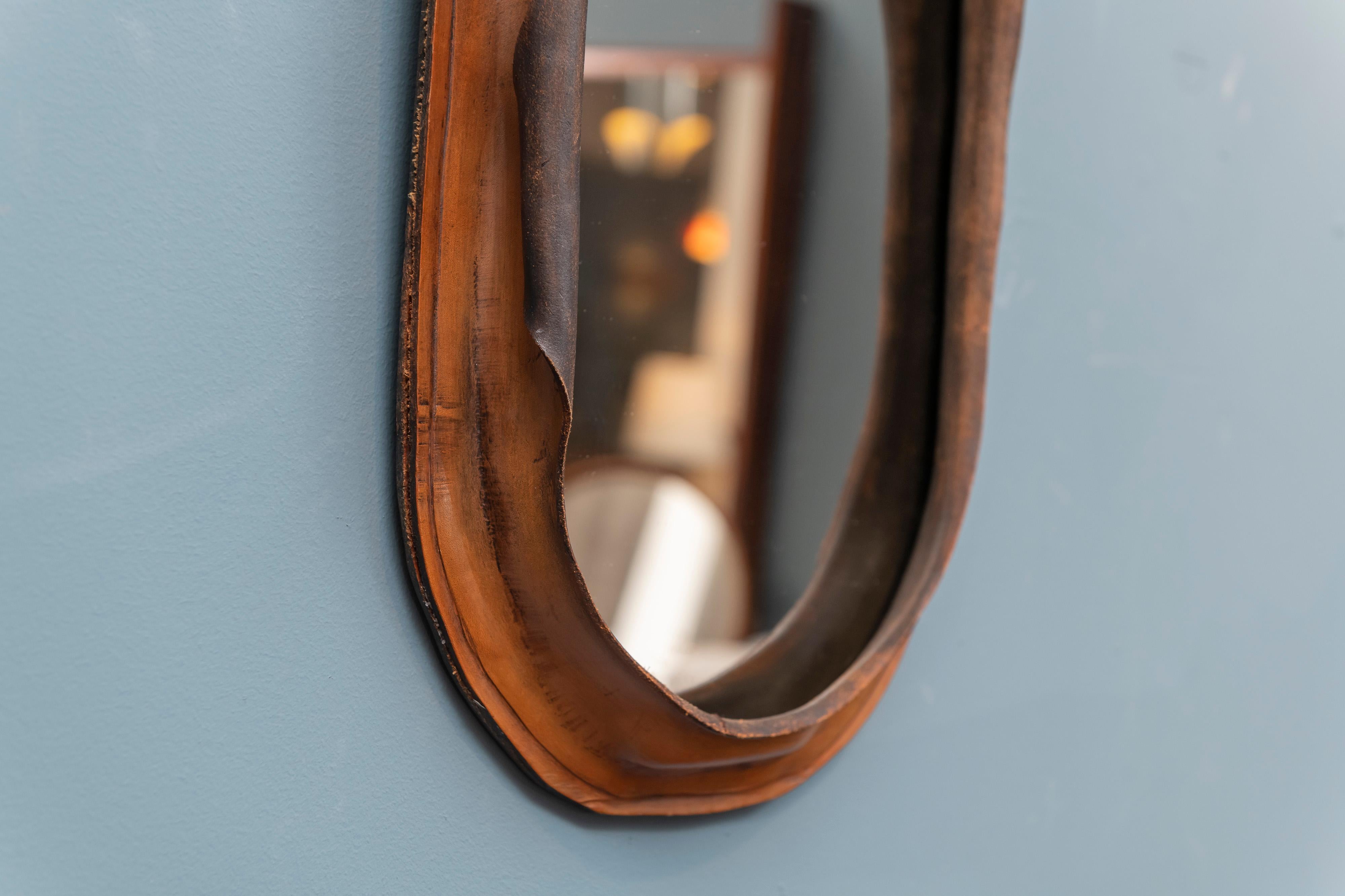 Mid-Century Modern Free Form Leather Wall Mirror