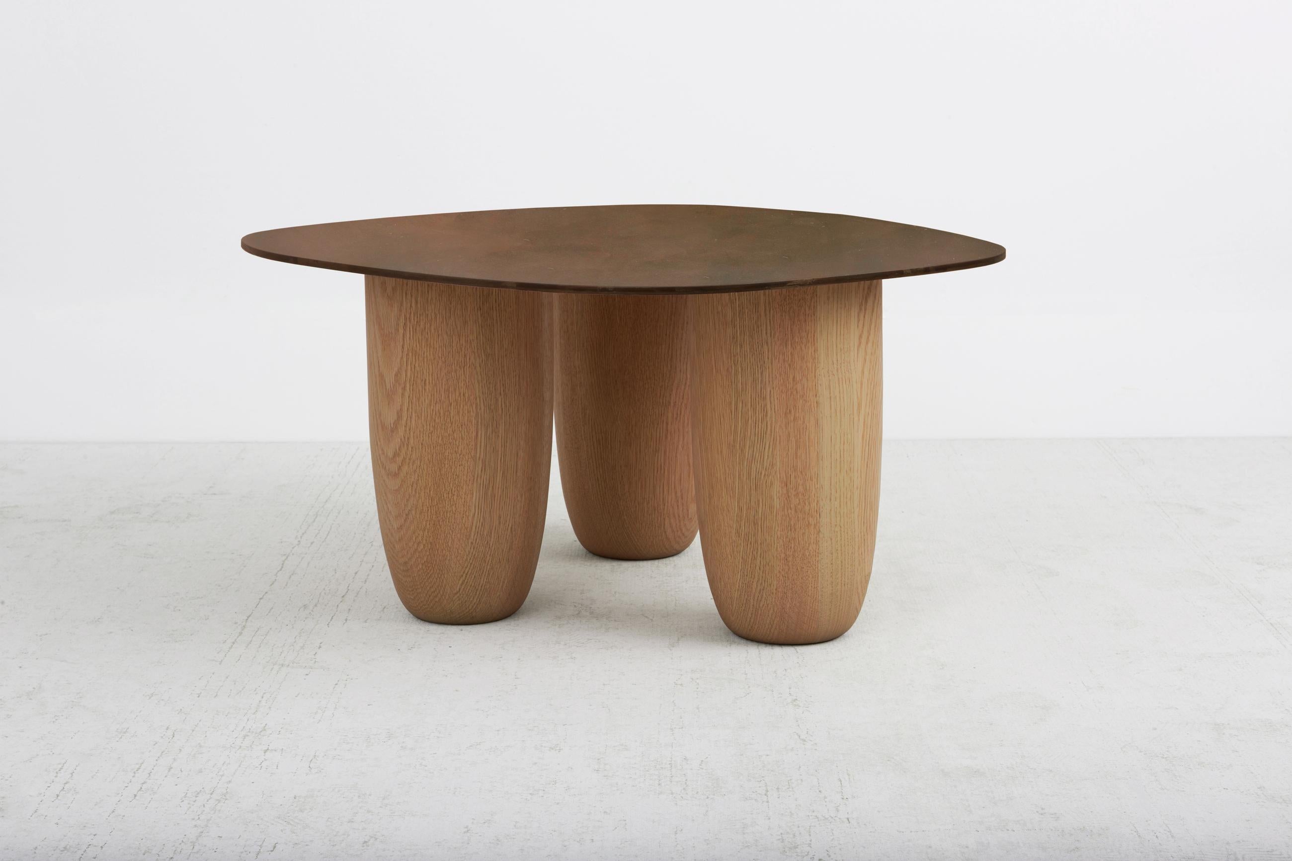 American Minimalist Low Tables Japanese Brown Patina Steel with Oak Legs Vivian Carbonell For Sale