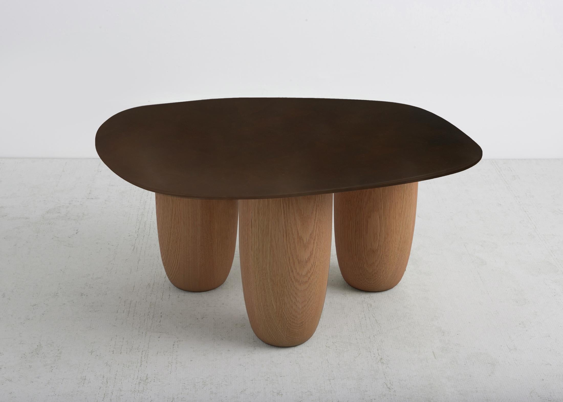 Patinated Minimalist Low Tables Japanese Brown Patina Steel with Oak Legs Vivian Carbonell For Sale