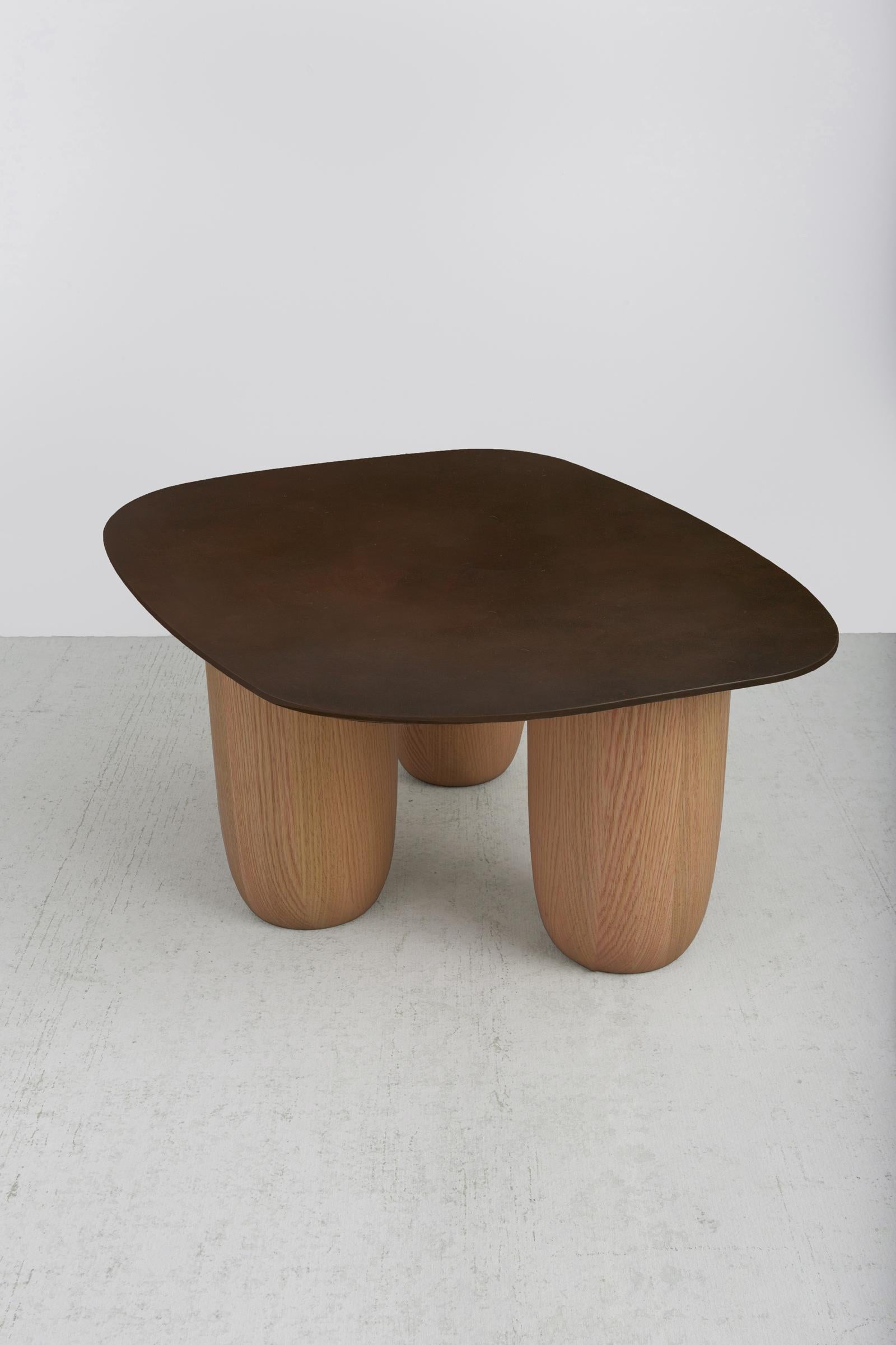 Minimalist Low Tables Japanese Brown Patina Steel with Oak Legs Vivian Carbonell In New Condition For Sale In Miami, FL