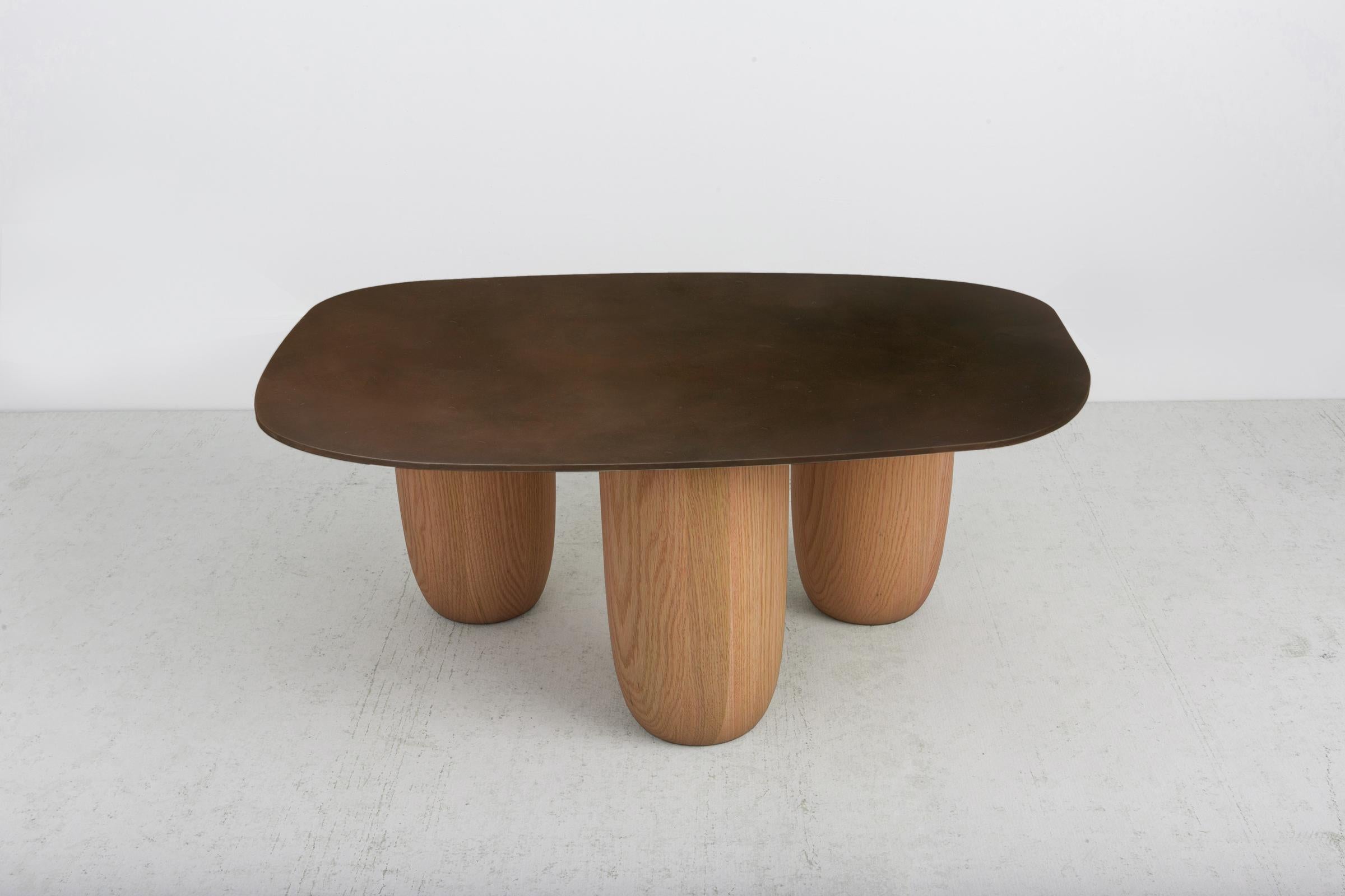 Contemporary Minimalist Low Tables Japanese Brown Patina Steel with Oak Legs Vivian Carbonell For Sale