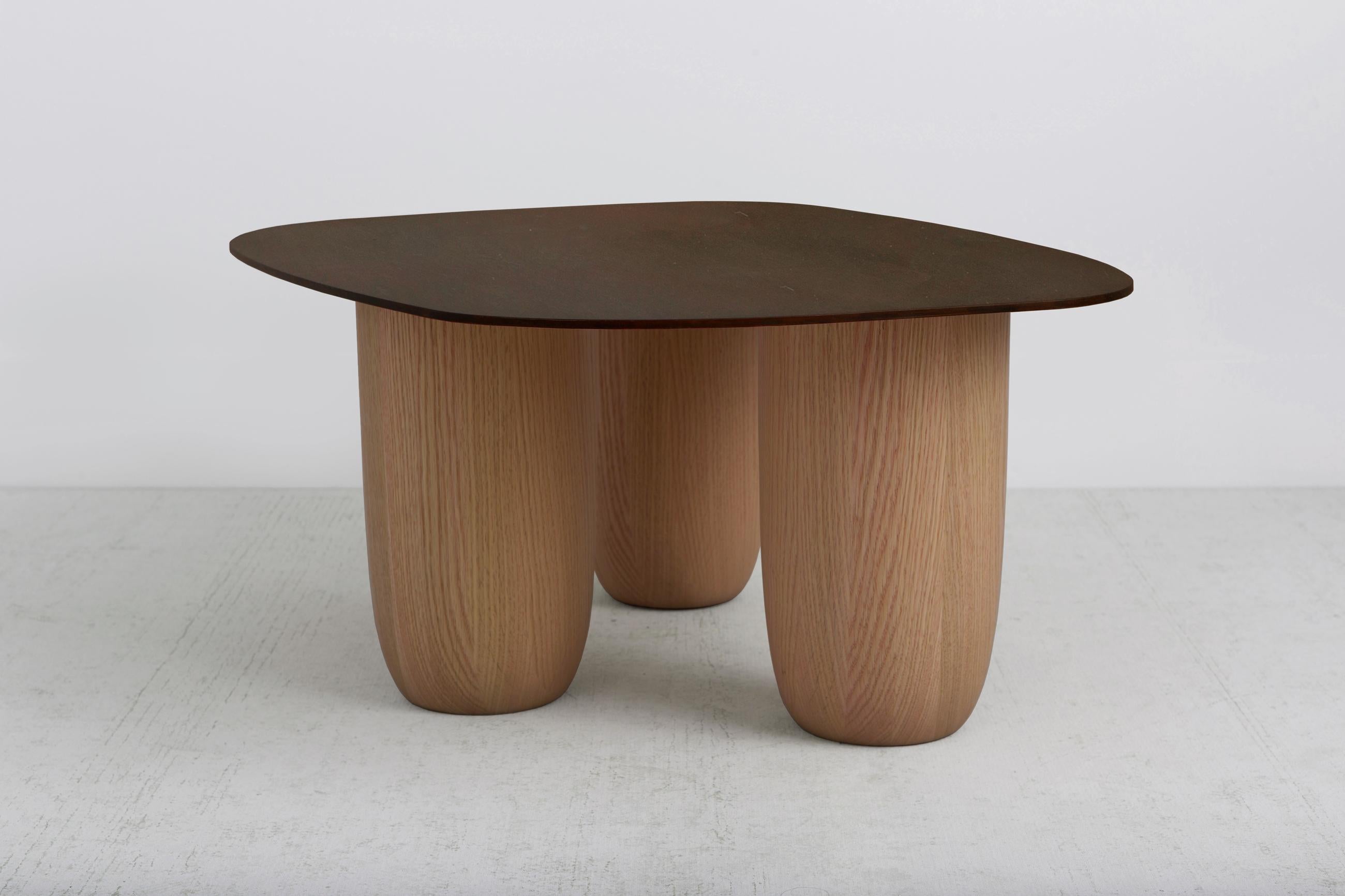 Minimalist Low Tables Japanese Brown Patina Steel with Oak Legs Vivian Carbonell For Sale 1
