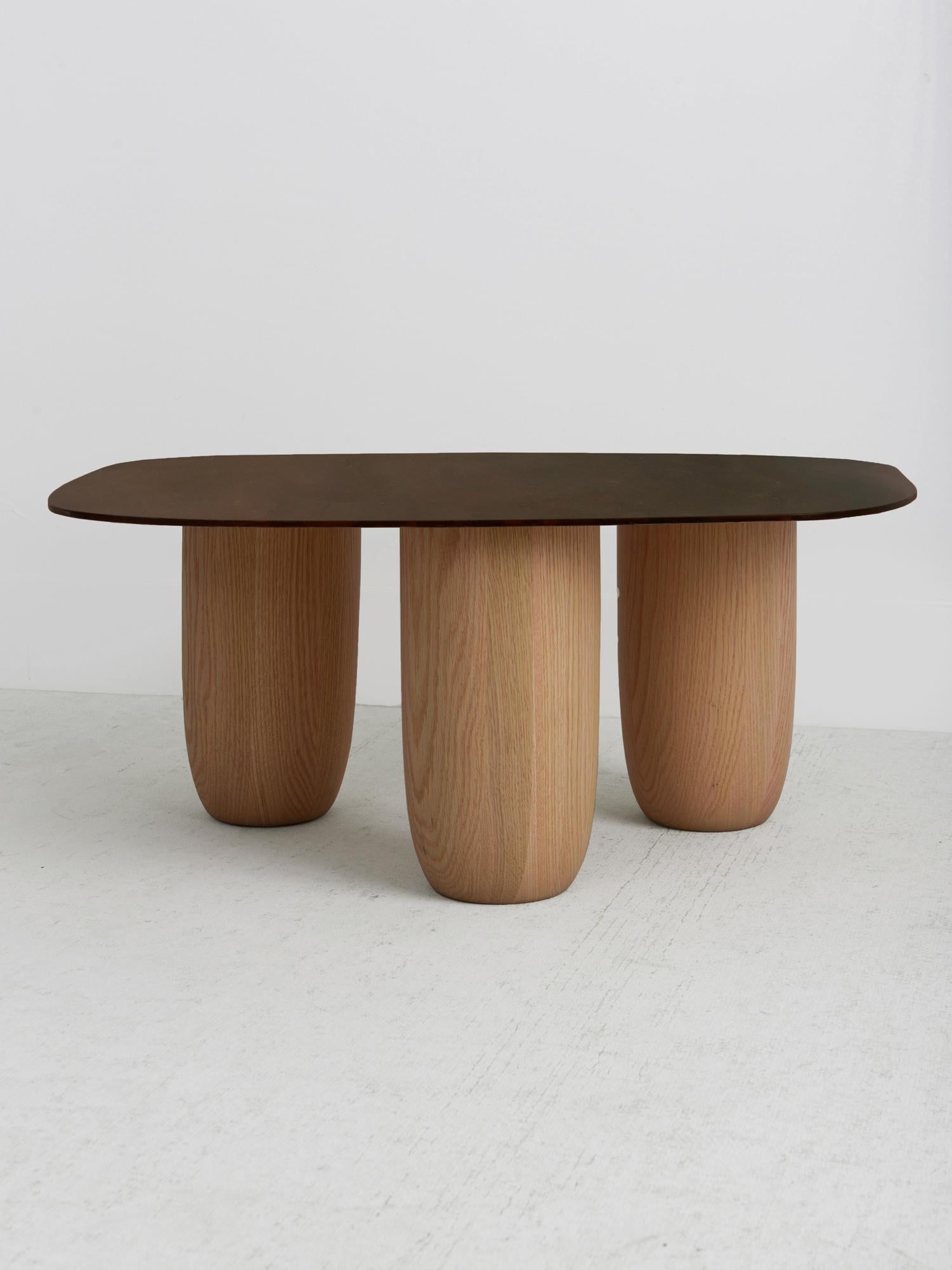 Minimalist Low Tables Japanese Brown Patina Steel with Oak Legs Vivian Carbonell For Sale 1