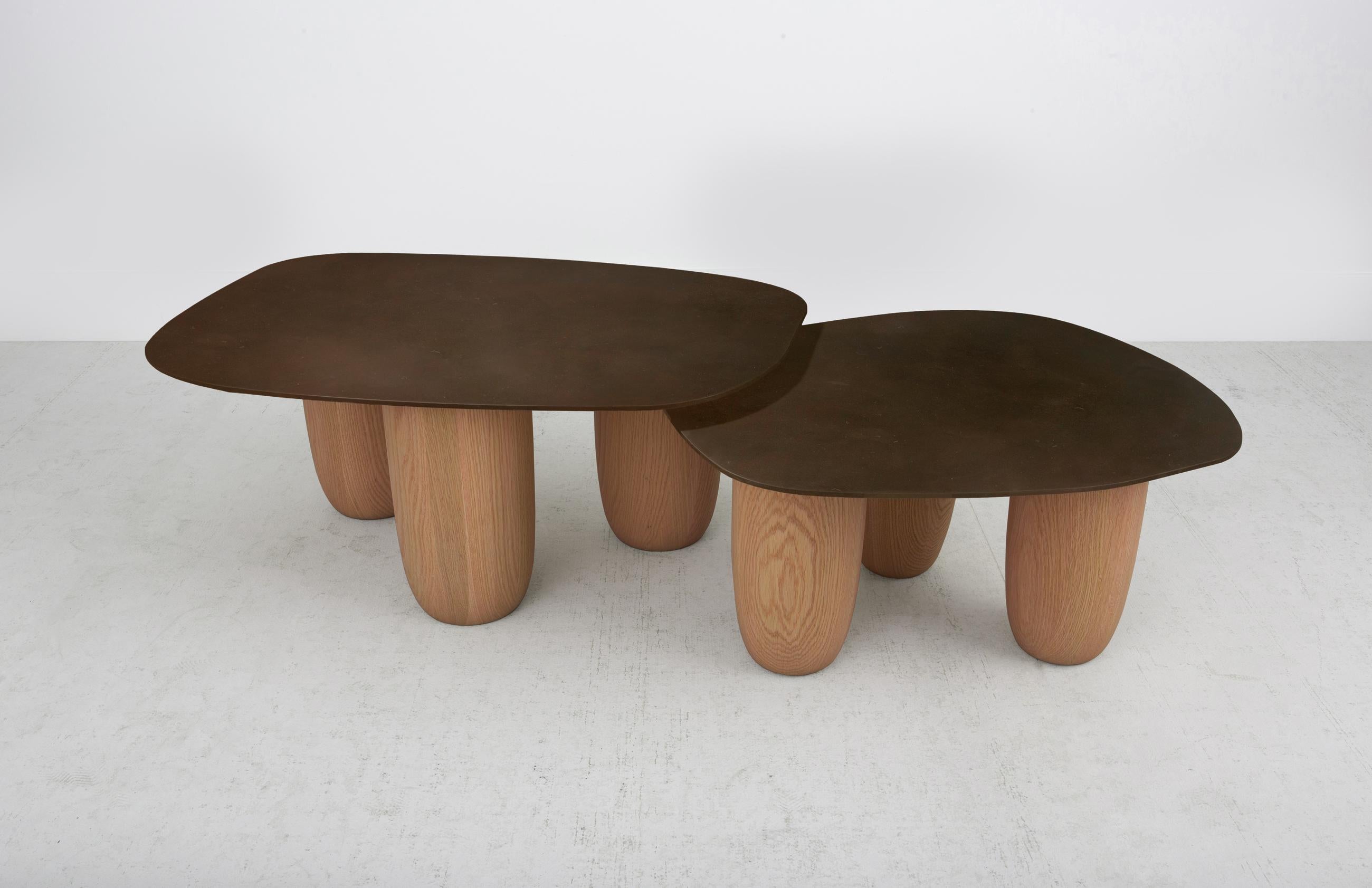 Minimalist Low Tables Japanese Brown Patina Steel with Oak Legs Vivian Carbonell For Sale 3