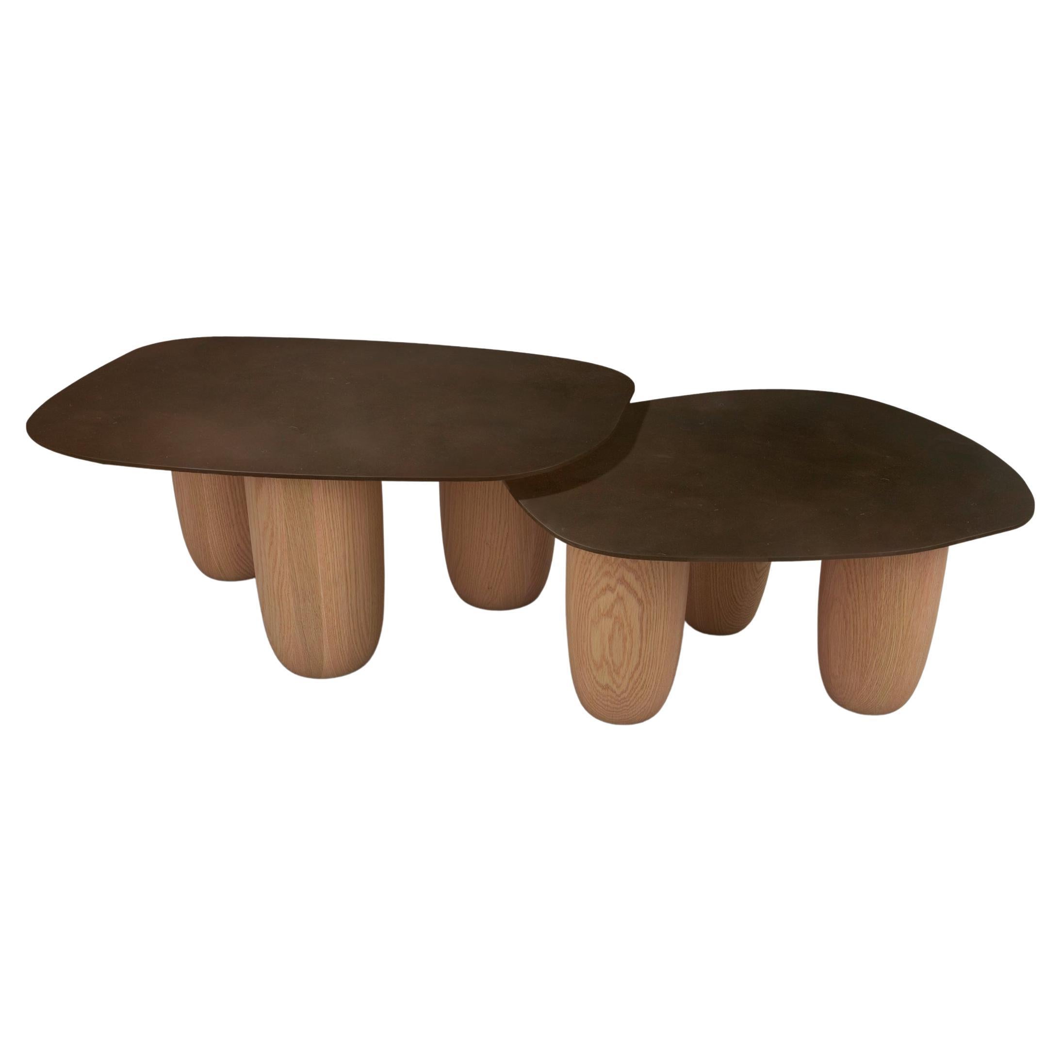 Minimalistische niedrige Tische Japanisch Brown Patina Stahl mit Eiche Beine Vivian Carbonell