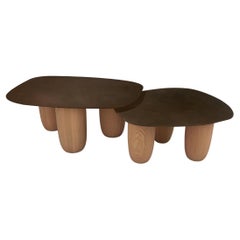 Minimalist Low Tables Japanese Brown Patina Steel with Oak Legs Vivian Carbonell
