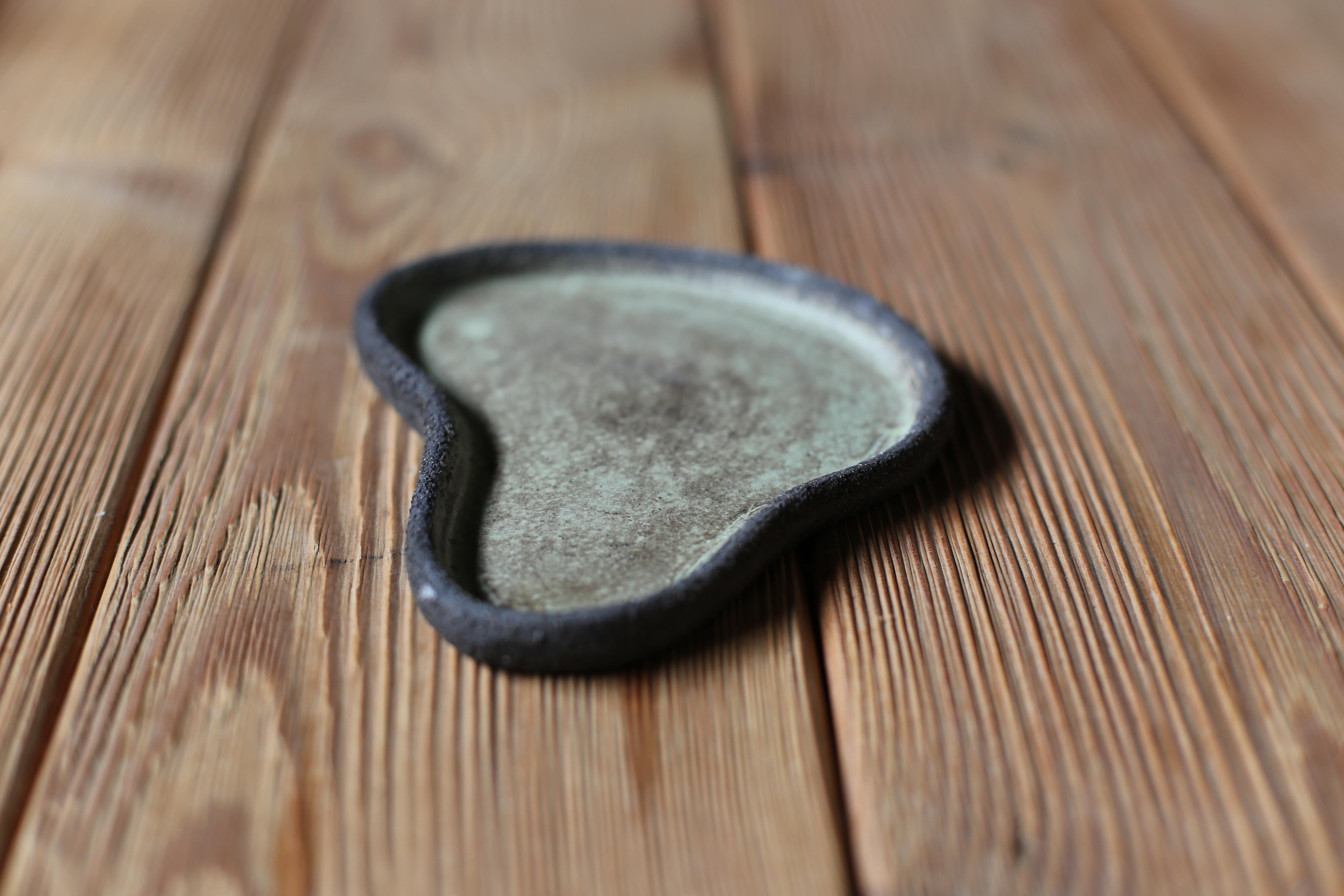 Modern Free Form Puddle Plate in Black Truffle Clay  and Matte Mint Green Glaze