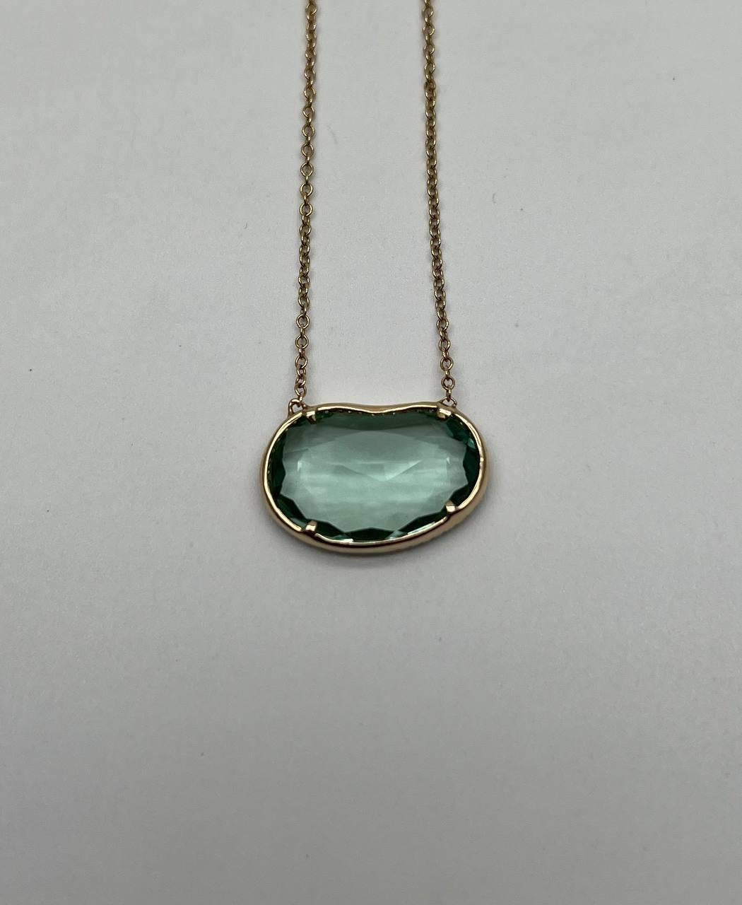 Mixed Cut Free Form Shape Light Green Tourmaline Diamond Halo 14K Gold Pendant Necklace For Sale