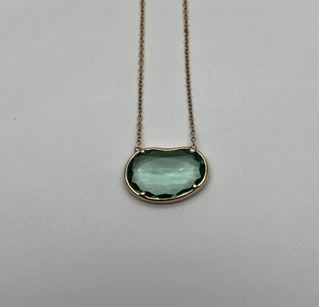 Free Form Shape Light Green Tourmaline Diamond Halo 14K Gold Pendant Necklace In New Condition For Sale In Oakton, VA
