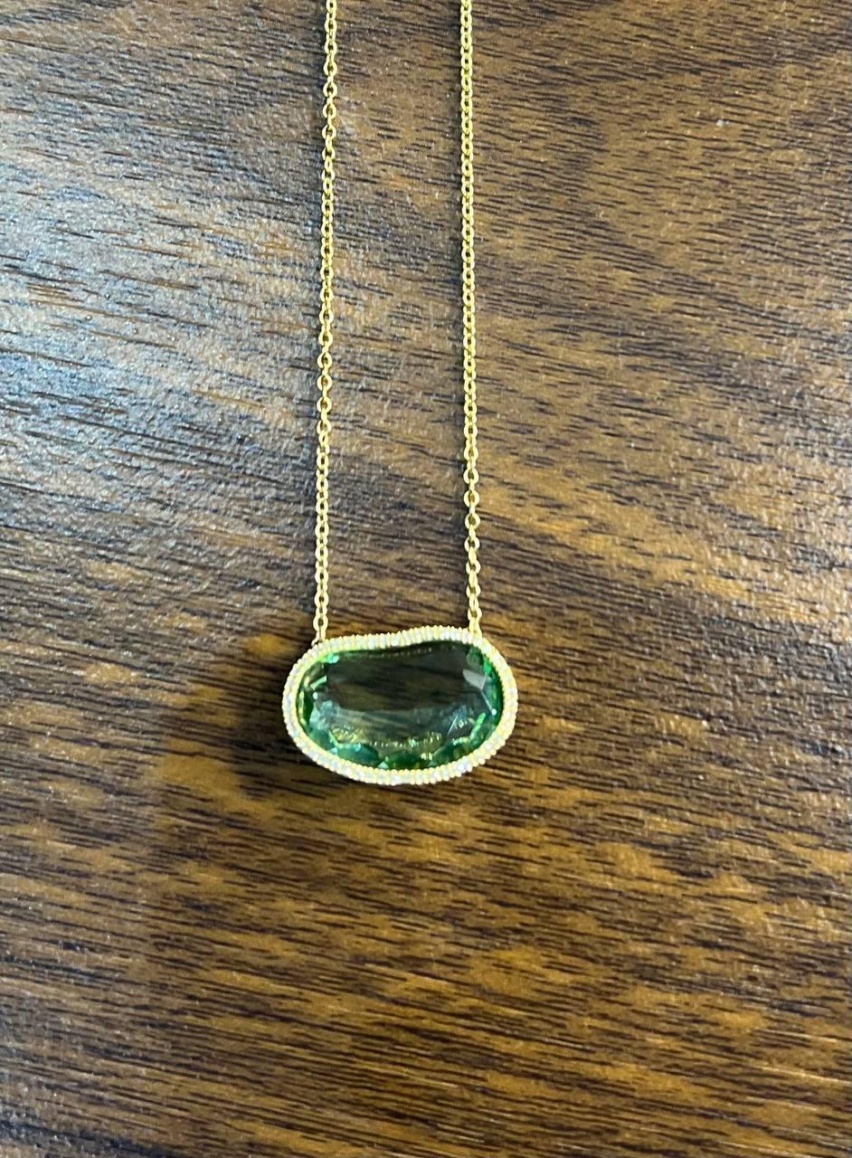Women's Free Form Shape Light Green Tourmaline Diamond Halo 14K Gold Pendant Necklace For Sale