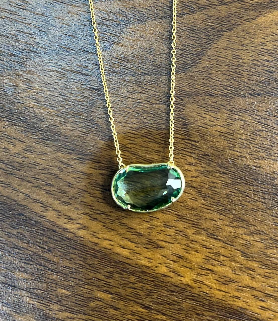 Free Form Shape Light Green Tourmaline Diamond Halo 14K Gold Pendant Necklace For Sale 1