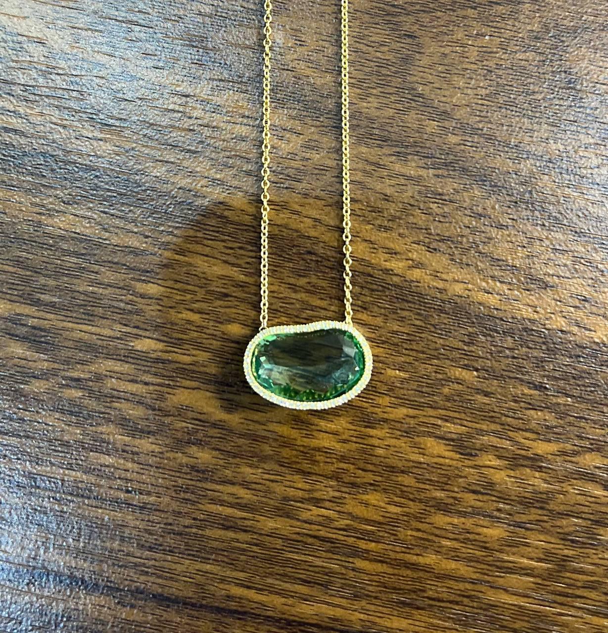 Free Form Shape Light Green Tourmaline Diamond Halo 14K Gold Pendant Necklace For Sale 2