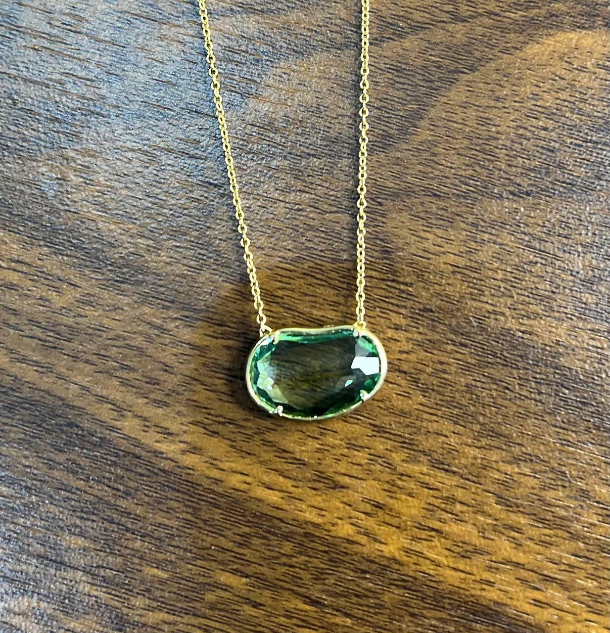 Free Form Shape Light Green Tourmaline Diamond Halo 14K Gold Pendant Necklace For Sale 3