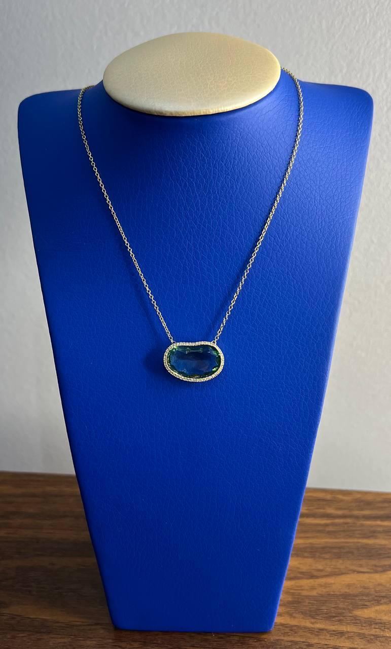 Free Form Shape Light Green Tourmaline Diamond Halo 14K Gold Pendant Necklace For Sale 4