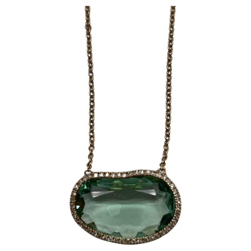 Free Form Shape Light Green Tourmaline Diamond Halo 14K Gold Pendant Necklace For Sale