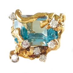 Artistic 14k Yellow Gold Free-Form Blue Topaz Cocktail Ring, 1950s