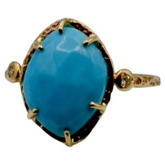 Free Form Turquoise Rose Cut with Diamonds Set in 14 Karat Gold Ring