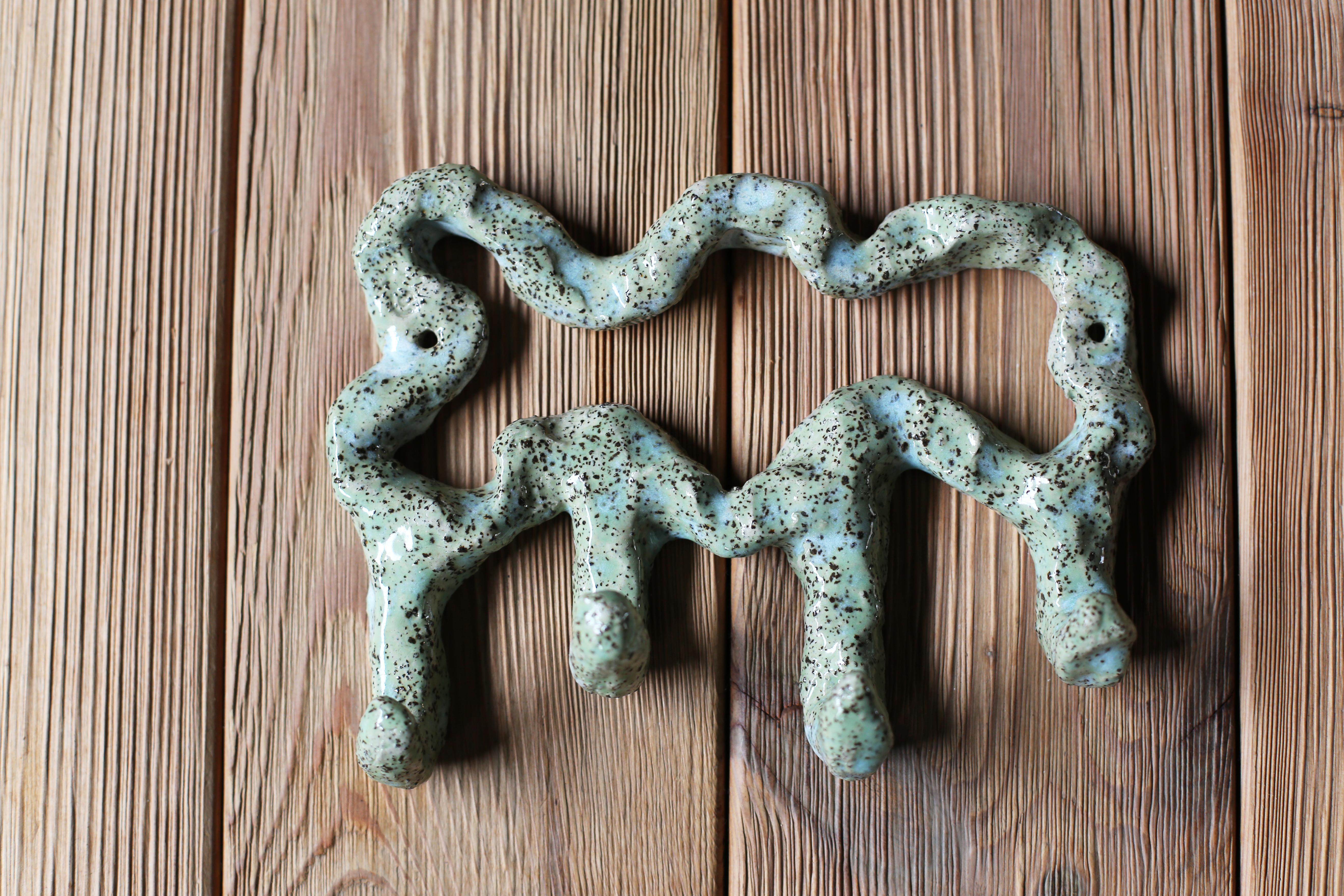 Belgian Free Form Wall Hook in Stracciattella Clay and Pastel Green Glaze