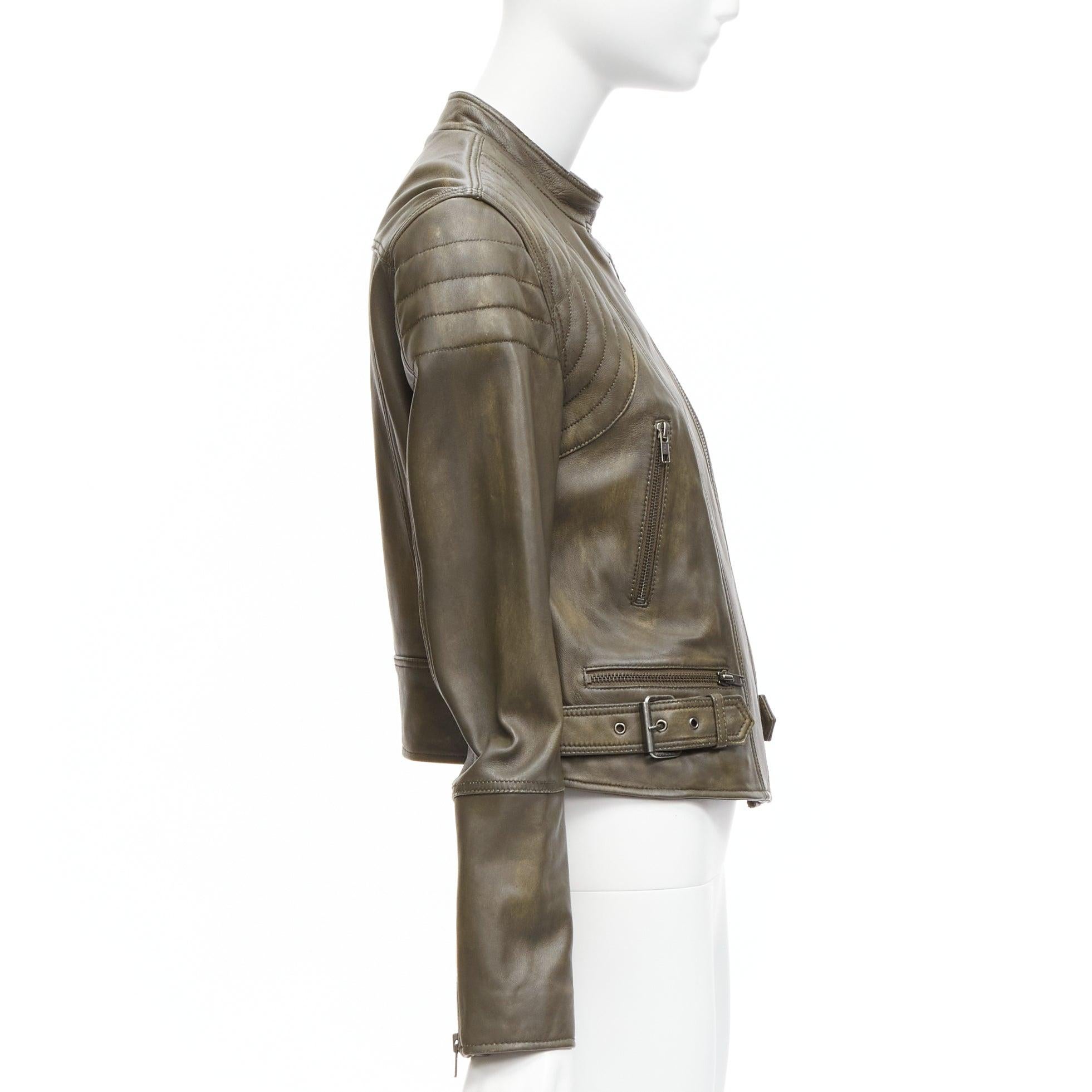 FREE PEOPLE Fenix olive brown washed lambskin leather zip biker jacket XS In Excellent Condition For Sale In Hong Kong, NT
