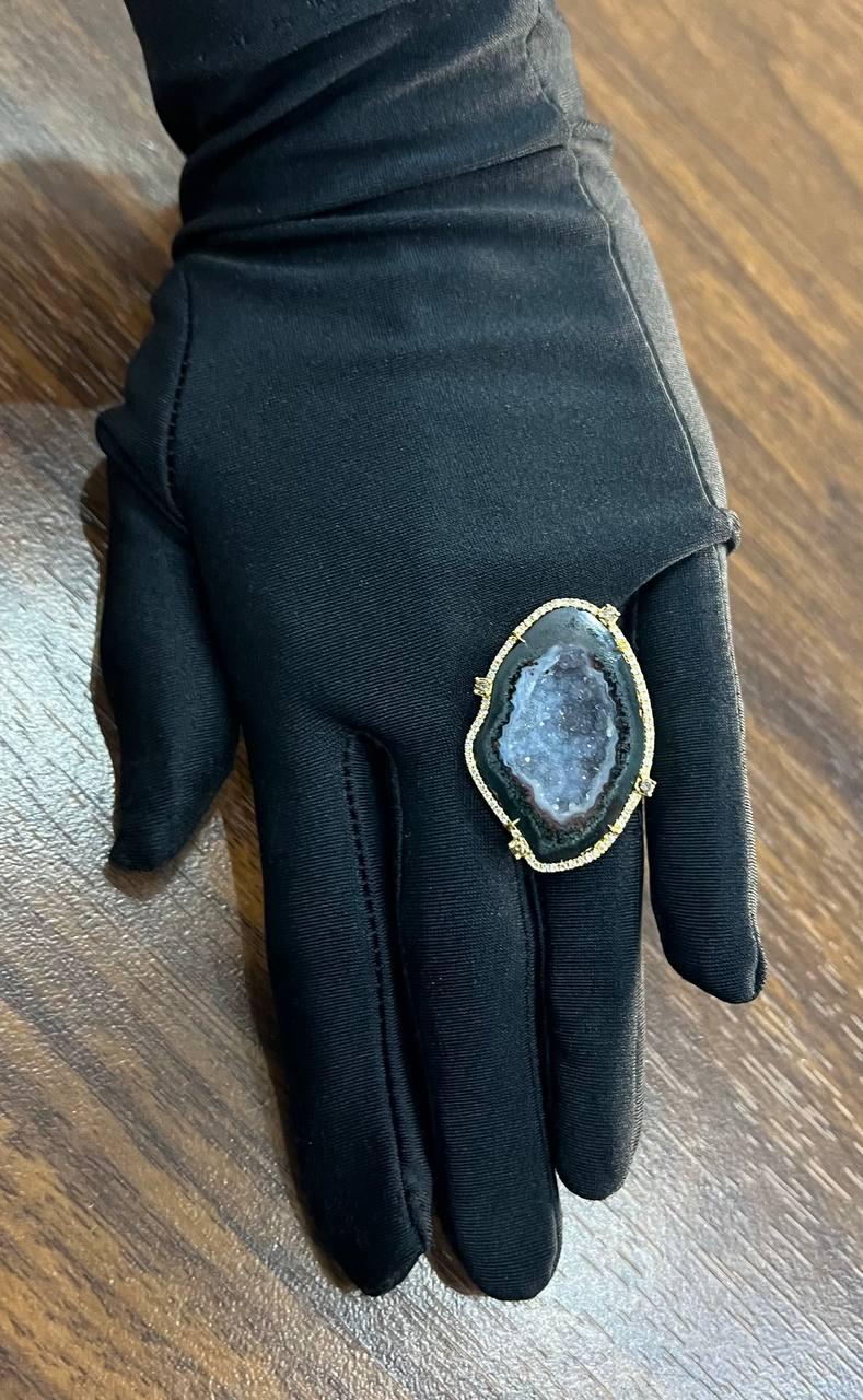 Free Shape Black Blue Crystal Quartz Druzi Diamonds Halo 18K Yellow Gold Ring For Sale 8