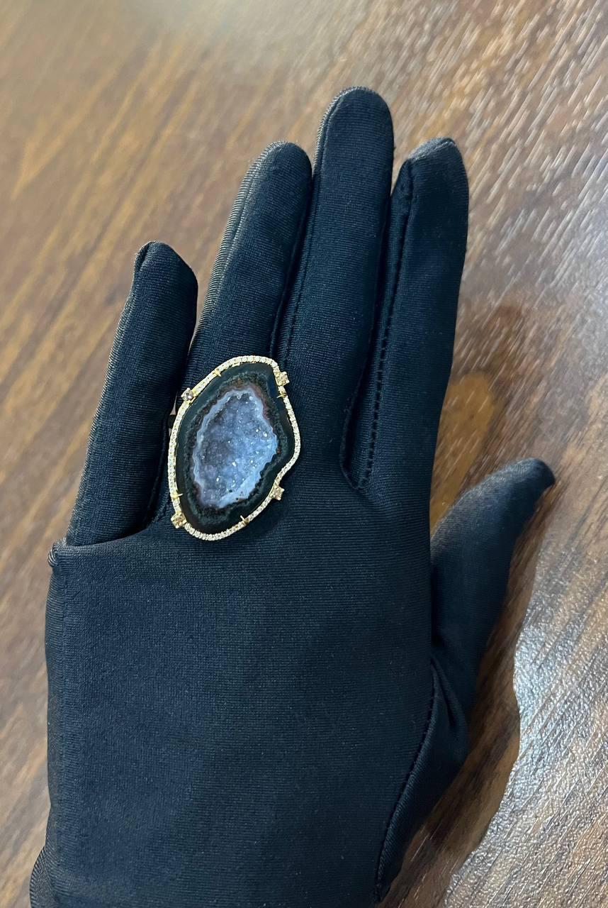 Free Shape Black Blue Crystal Quartz Druzi Diamonds Halo 18K Yellow Gold Ring For Sale 9