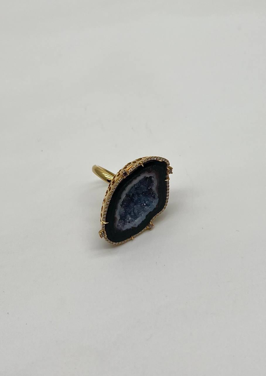 Mixed Cut Free Shape Black Blue Crystal Quartz Druzi Diamonds Halo 18K Yellow Gold Ring For Sale