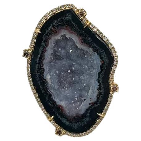 Free Shape Black Blue Crystal Quartz Druzi Diamonds Halo 18K Yellow Gold Ring For Sale