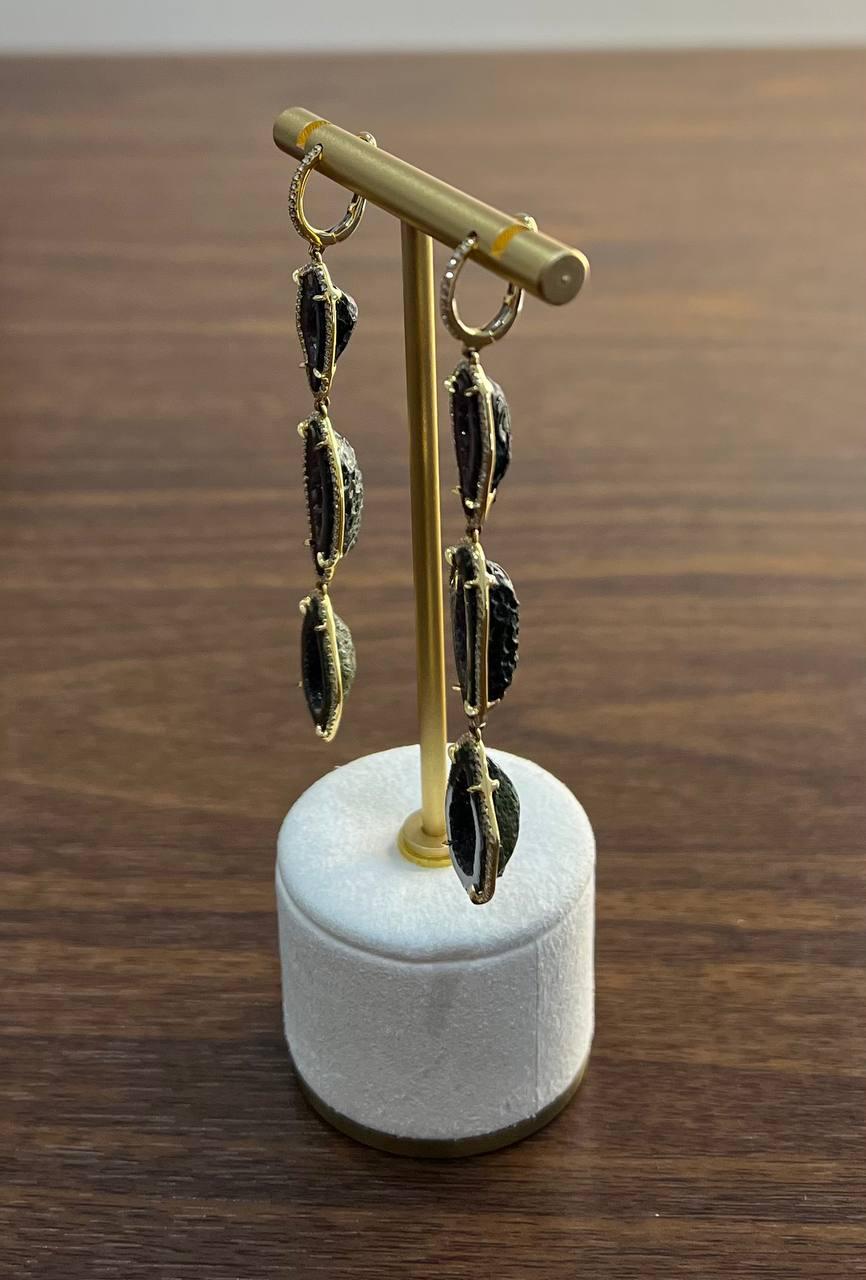 Free Shape Brown Black Druzy Quartz Crystal Diamonds 18K Yellow Gold Earrings For Sale 6