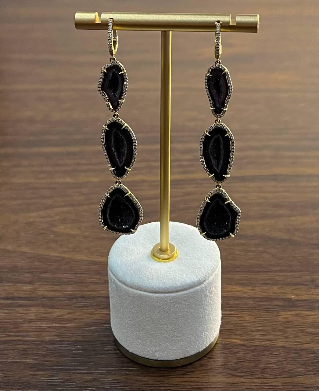 Free Shape Brown Black Druzy Quartz Crystal Diamonds 18K Yellow Gold Earrings For Sale 1