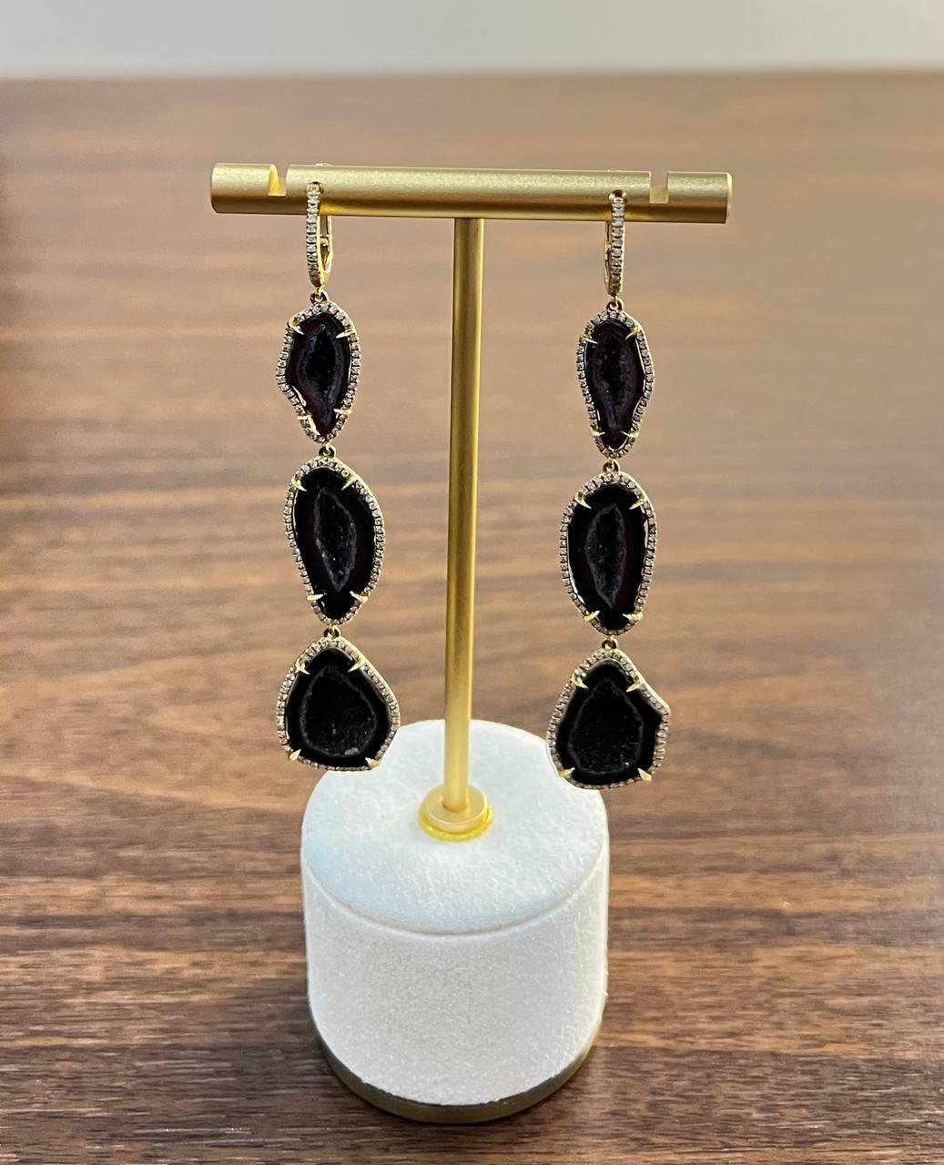 Free Shape Brown Black Druzy Quartz Crystal Diamonds 18K Yellow Gold Earrings For Sale 2