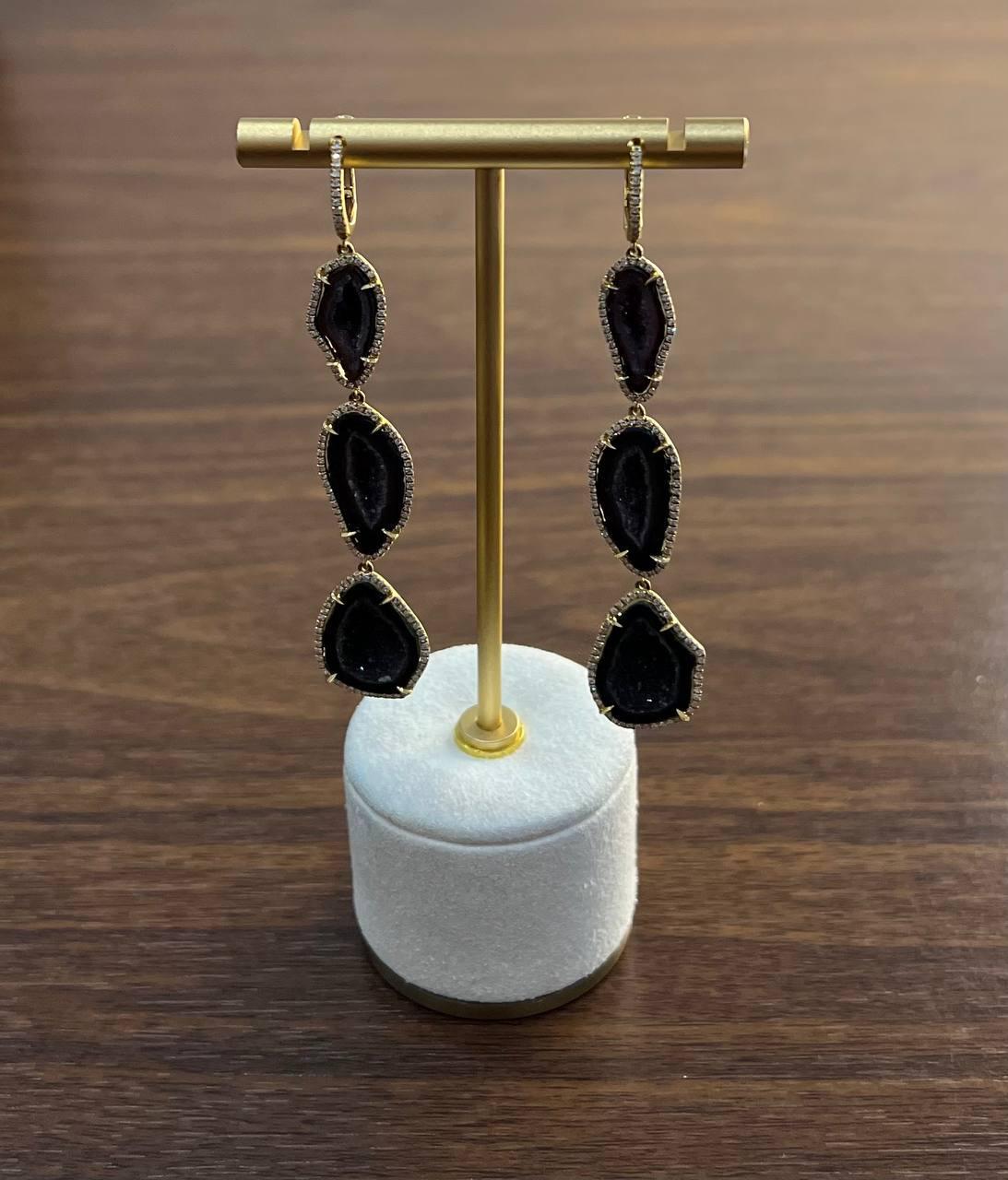 Free Shape Brown Black Druzy Quartz Crystal Diamonds 18K Yellow Gold Earrings For Sale 3