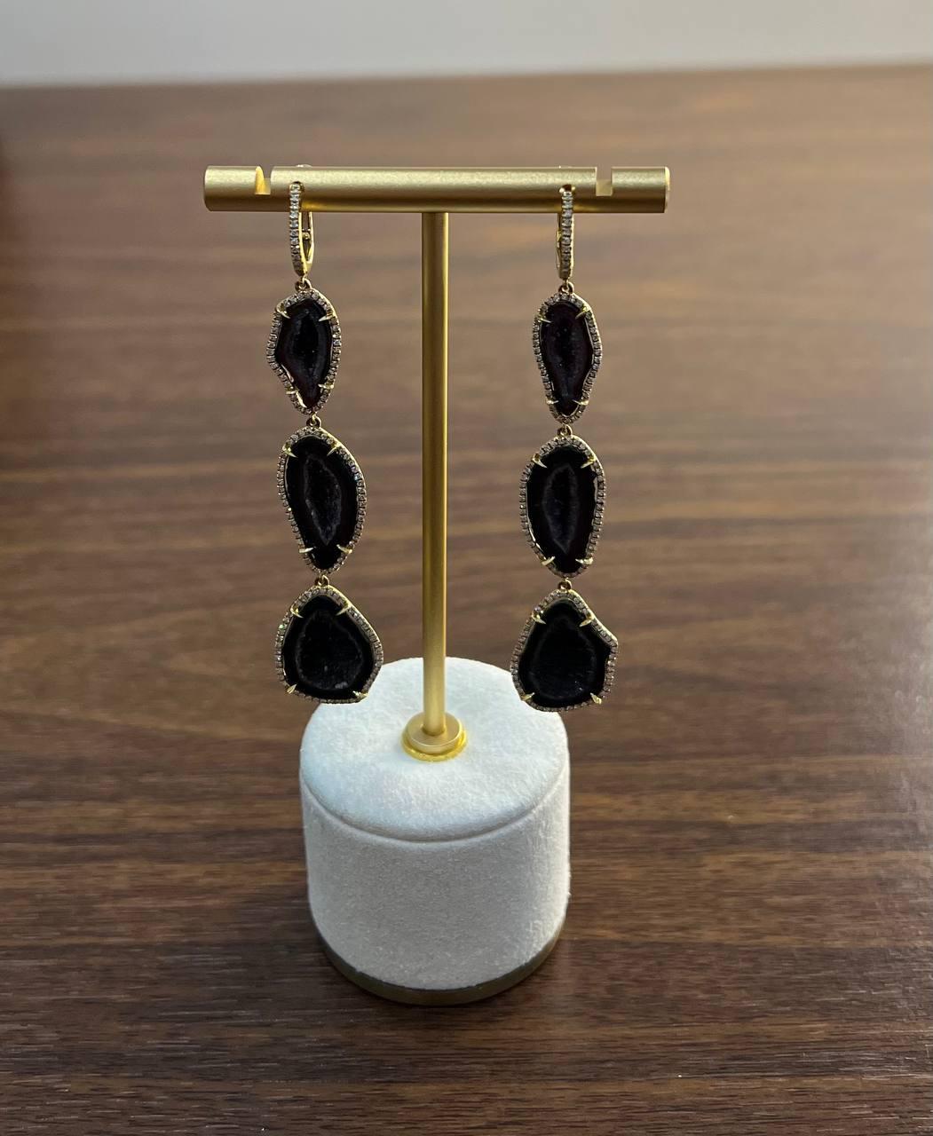 Free Shape Brown Black Druzy Quartz Crystal Diamonds 18K Yellow Gold Earrings For Sale 4
